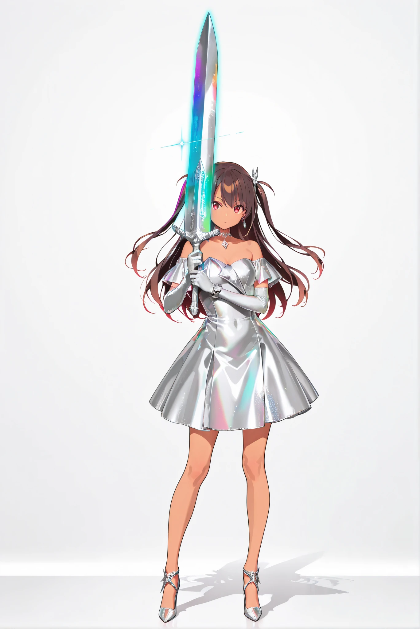 ( , stands,full body,high heels,front view,Standing picture,white background:1.7),HoleHeels,oval/Circle/Thorn/Horn Heels,,limited palette,Colorful,Bright Color,flashing silhouette,neon,black light ,watch, masterpiece, is very beautiful,defYuki, tan, brown hair, red eyes, two side up, long hair,strapless dress, satin dress, off-shoulder, silver applique, asymmetrical applique, sparkle accent, elbow gloves, diamond bracelent, diamond choker, earrings,moonlight sword, sword, holding sword, glowing sword, greatsword, giant weapon ,