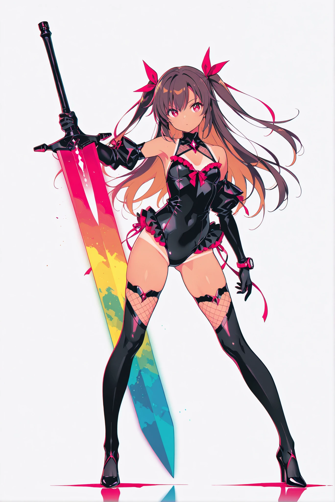 ( , stands,full body,high heels,front view,Standing picture,white background:1.7),HoleHeels,oval/Circle/Thorn/Horn Heels,,limited palette,Colorful,Bright Color,flashing silhouette,neon,black light ,watch, masterpiece, is very beautiful,defYuki, tan, brown hair, red eyes, two side up, hair ribbon, black leotard, bare shoulders, detached sleeves, frilled leotard, tanlines, fishnets, elbow gloves, black thighhighslong hair,moonlight sword, sword, holding sword, glowing sword, greatsword, giant weapon ,