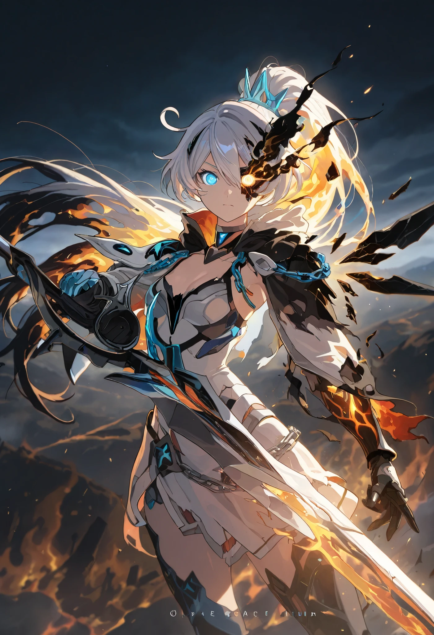 (close up shot, upper body shot:1.2), SuperQuality, Anime illustration, detailed anime artstyle, cinematic background, extremely detailed background, backlighting, backlit, cold light, colorful, light reflection, solo, 1girl, asymmetrical armor, detailed skin, extremely detailed eyes, dynamic pose, Kiana, pure shining white hair, [long hair, high ponytail|(black flames, burning hair:1.2):0.4], kiana kaslana, flat chest blue eyes, bright eyes, glowing eyes, ringed eyes, HoF_Def, damaged dress, white dress with black trim, shining trim, cosmic trim, white cybernetic breastplate, clothing cutout, broken armor, cracked armor, battle dress, (broken clothes, clothes break:1.1), [shredded cape, broken cape|burning wings], [blue liquid flames, wielding a greatsword|(swordstaff, glaive, black flames, black napalm:1.2):0.5], sports bra, cloak, d4rkr34p3r, armor:pauldrons, hood, choker, gauntlets, chain:thighhighs, half-skirt, high heel boots, closed mouth, burning eye, flame eye, serious expression