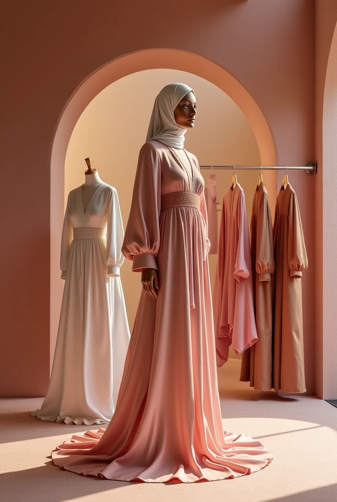 Tall black girl walking on the catwalk with glasses, stylish cotton dress for muslim women, color of clothes pink shimmering into black, with ruffles , the silhouette does not fit the figure , the clothes are very loose and closed with patterns , The girl has a pink scarf on her head and Adidas sneakers on her feet