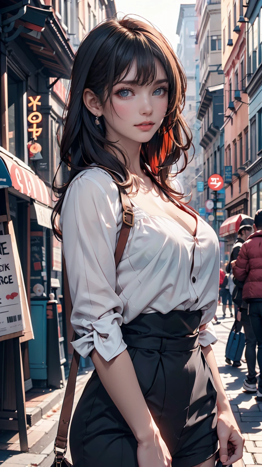 Curly Bob Cut, A platinum-haired woman in an orange collared shirt poses for a photo in the city, 8K Art Germany Bokeh, well-proportioned body, 美しいKorean women, Gorgeous Necklace, 美しい若いKorean women, Soft Portrait Shot 8k, Korean Girls, Double eyelids and narrow eyes, beautiful grey eyes, Trans8K, Cute young woman, Korean women, Beautiful blonde girl、Sexy proportions、Low rise leggings
