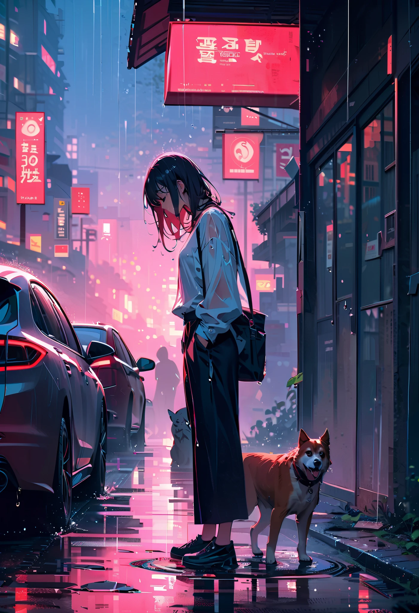 masterpiece, top score, excellent score, absurd, 1 girl, 1 dog, city, night, rain, landscape, bus stop, puddles, passing car, splashing water, on the street, building, city, night lights, black trousers, oversized white shirt, small shoulder bag, car, sky, short wet hair, huge moon, surreal sky, clouds, standing, sideways, long sleeves, wet clothes, wet dog, surreal, sad face, tears, cityscape, skyscraper, stretching, wide frame, wet shoes, depth of field, chromatic aberration, glitch, imitation of traditional media, cold colors, photophones, artificial traditional materials, abstraction, fog, oil painting, impressionism, contrast of snow and heat, torrential rain, rainy
weather, dark
wet clothes, wet hair