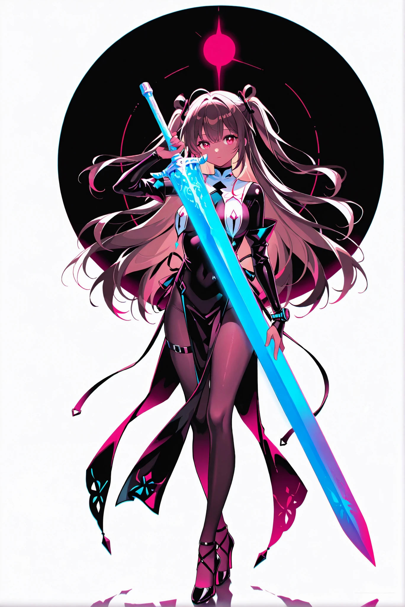( , stands,full body,high heels,front view,Standing picture,white background:1.7),HoleHeels,oval/Circle/Thorn/Horn Heels,,limited palette,Colorful,Bright Color,flashing silhouette,neon,black light ,watch, masterpiece, is very beautiful,defYuki, tan, brown hair, red eyes, two side up, long hair,moonlight sword, sword, holding sword, glowing sword, greatsword, giant weapon , ruanyi0847,bodysuit,breast curtains,dress,pantyhose,pelvic curtain
