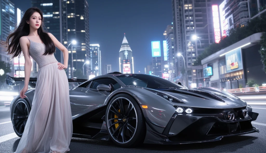 A luxury car, a beautiful woman, wearing a slip dress, standing in front of the car, behind the high-rise buildings, and the Oriental Pearl Tower crowd