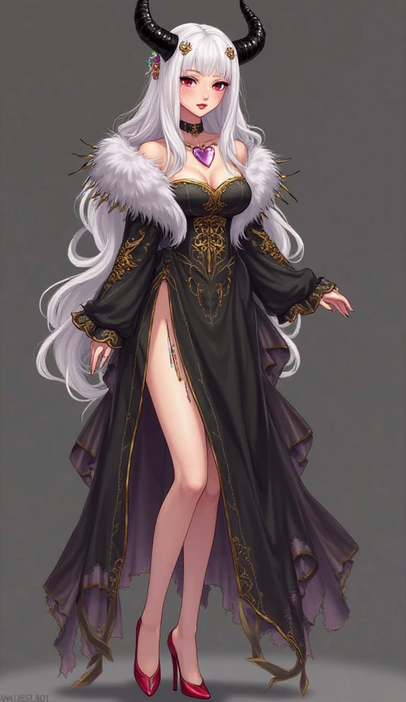 woman in long dark purple bodycon dress long skirt dress, Detailed graphics, Trendy concept art, fantasy outfit, highly detailed design, epic exquisite character art, official character art, Wearing fancy formal attire, Fantasy clothing, Detailed character design, girl of European appearance with long white hair, blue eyes and plump lips, Beautiful and elegant elf with long white hair and blue eyes, high quality character design, Beautiful full length art, Detailed graphics