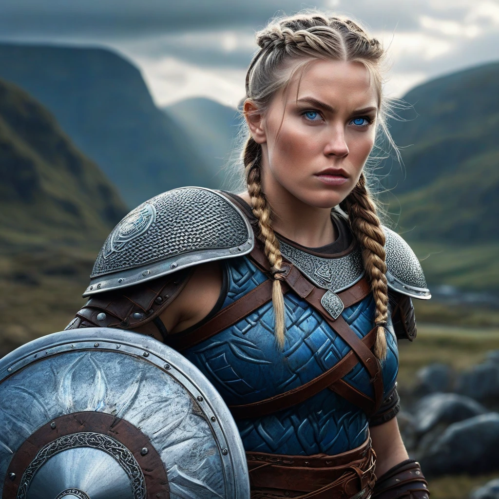 8k quality, high definition realism, Viking warrior, blonde queen, battle costume, holding a tomahawk and shield in her hands, long blonde hair finely braided for battle, blue eyes and long eyelashes, large breasts and excellent style, skillfully using her long limbs to defeat the enemy, the battlefield is the hilly region of the Scottish Highlands, black clouds in the dim sky, the Viking army has just climbed the hill. The camera provides an overhead view of the Viking army. The Queen is running at the head of the army.
