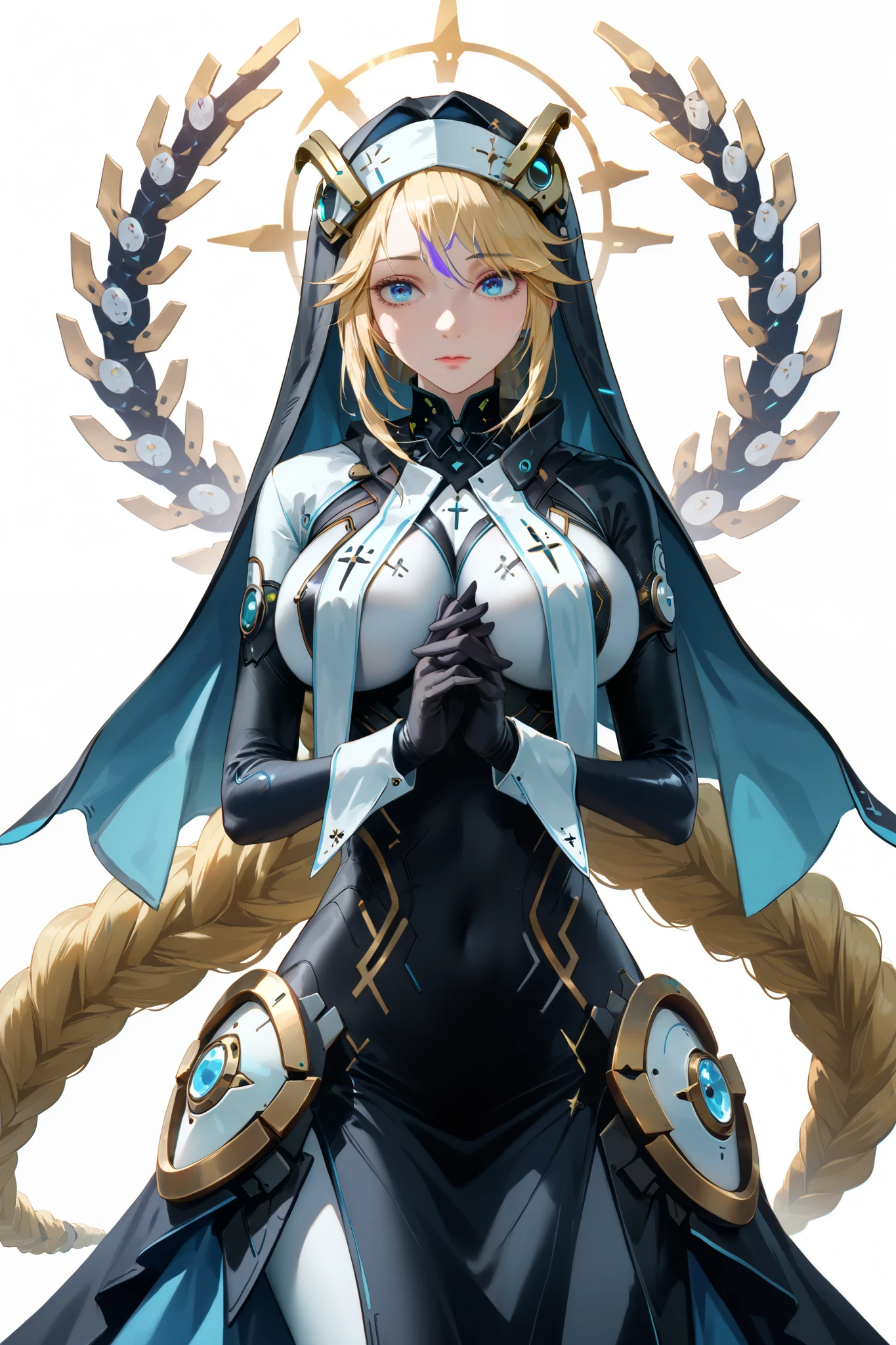 Rapunzel (Nod), blond hair, Hi-Res, 1 girl, nun, blue eyes, habit, very long hair, looking towards the viewer, Absard Dress, black gloves, standing, white background, reinforced exoskeleton, simple background, score_9, score_8_up, score_7_up, masterpiece, Highest quality, Perfect Anatomy, very aesthetic, 8k