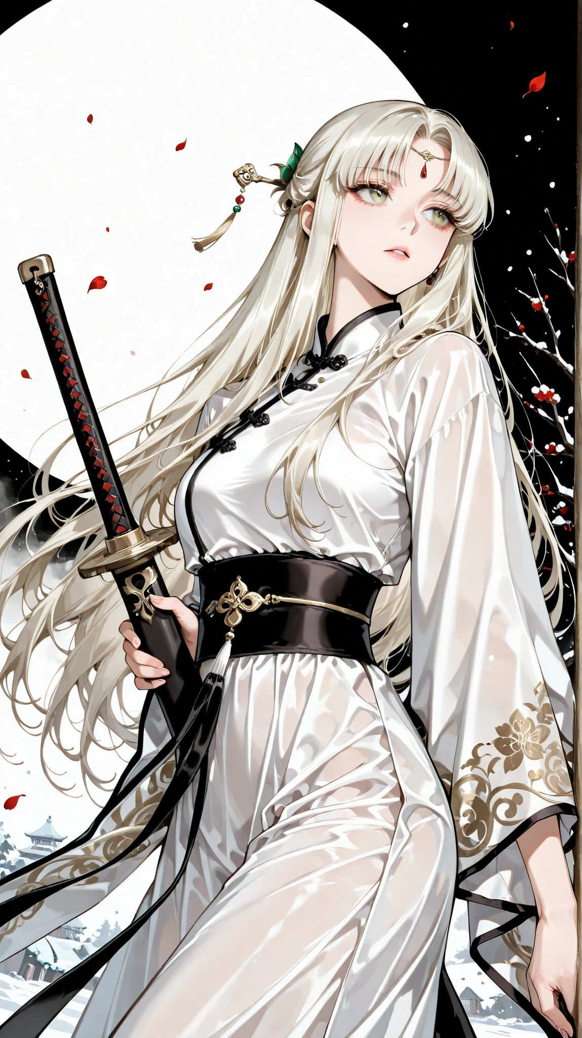(masterpiece:1.3), traditional Chinese ink painting style, 1girl, imperial aura posture, jet black waist-length hair, pearl-like complexion, looking into distance, hanfu with golden embroidery, flowing changpao sleeves, jade hairpin ornaments, (wuxia sword stance:1.1), snow-covered plum garden, ink wash background, monochromatic with crimson accents, cinematic dutch angle, soft motion blur, (artist:Chen Bo:1.2), guohua aesthetics, subtle ink splatters, textured xuan paper effect, dramatic chiaroscuro, gentle snowfall, floating plum petals, moody twilight atmosphere, historical drama lighting, Pure white background, depth of field, (best quality:1.3)