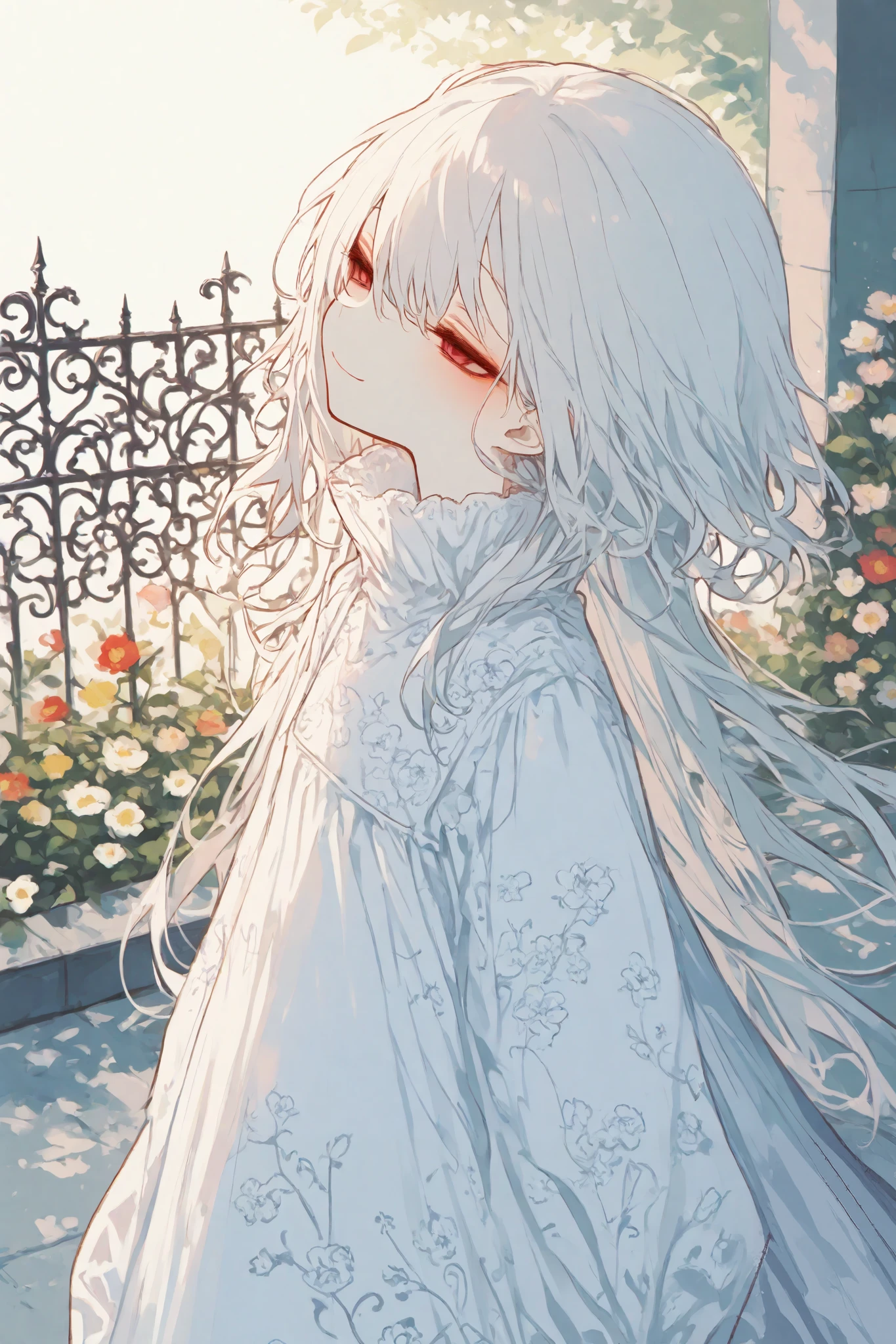 General,Komeshiro Kasu style, r17329_illu,usnr,hzk,1girl,expression\(seductive smile,half-closed eyes,confident\),looking away,elegant posture, long-sleeved dress, high collar, intricate floral patterns, flowing hair, background\(rooftop garden, wrought iron fence, soft pastel lighting, blooming flowers, delicate shadows\), Art Nouveau style, watercolor style, best quality,