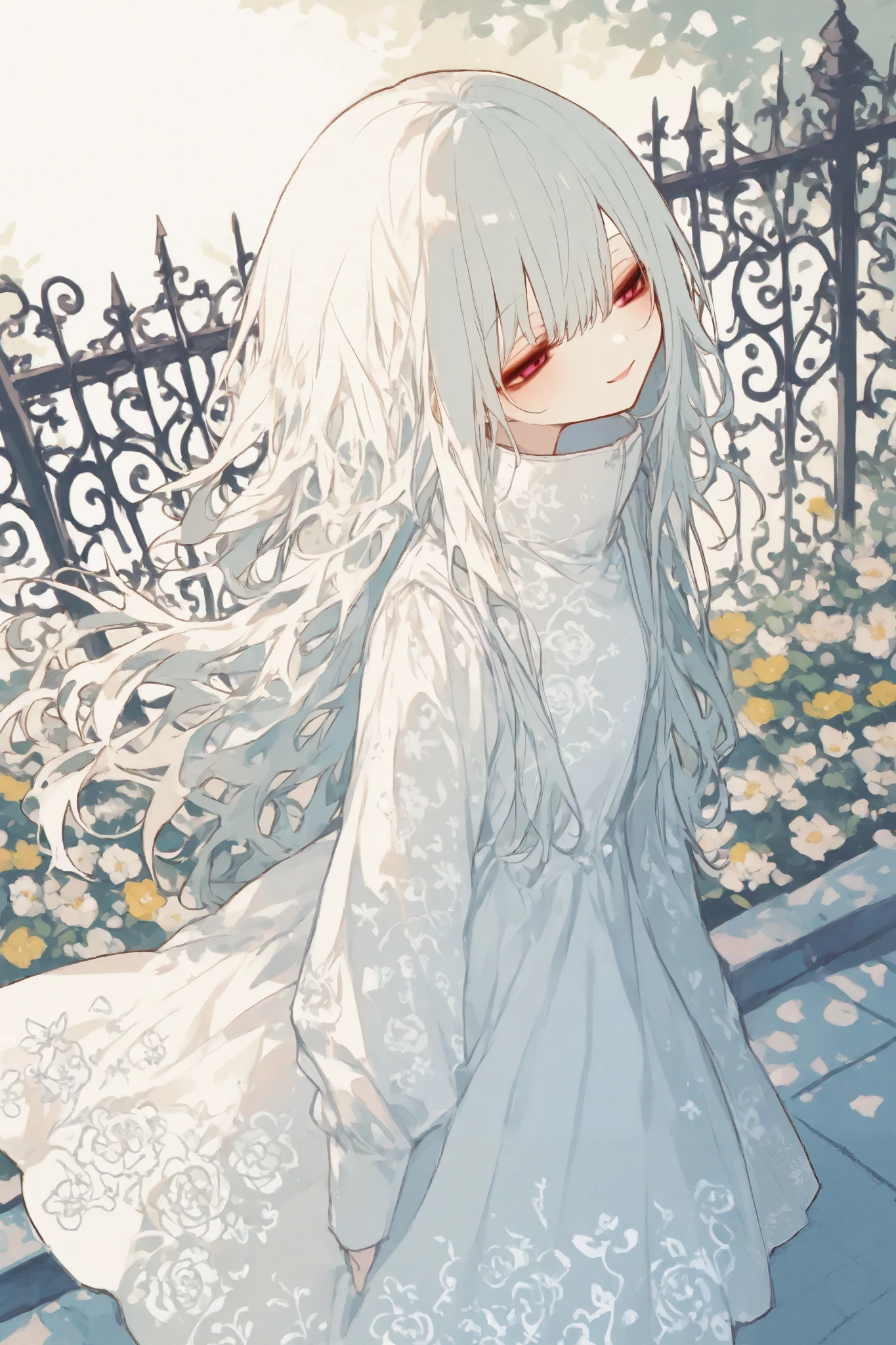 General,Komeshiro Kasu style, r17329_illu,usnr,hzk,1girl,expression\(seductive smile,half-closed eyes,confident\),looking away,elegant posture, long-sleeved dress, high collar, intricate floral patterns, flowing hair, background\(rooftop garden, wrought iron fence, soft pastel lighting, blooming flowers, delicate shadows\), Art Nouveau style, watercolor style, best quality,