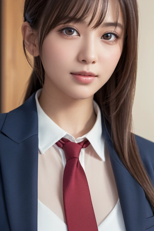(Tabletop, Highest quality:1.2), 8k, 16 years old, 85mm, Official Art, RAW Photos, Absurd, White dress shirt, Pretty face,Low position、Low angle shot、close, Upper Body, violet, Gardenia, beautiful girl, , (Navy Pleated Skirt:1.1), Squeeze the waist, Thighs Thighs Thighs Thighs, Short sleeve, classroom, Sculpture Pose, Looking down at the viewer, No makeup,smile, Film Grain, chromatic aberration, Sharp focus, Face Light, Bright lighting, Teen, Detailed face, Bokeh Background, (Dark red tie:1.1)、Center of chest、Thin face