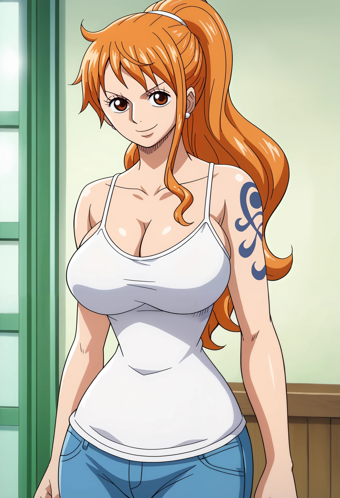 score_9_up, best quality, cowboy shot, anime_source, anime style, (SOLO:1.7), 1girl, Nami, orange hair, (white comesole:1.4), morning, (ponytail:1.7), (serious smile:1.3), (curvy body:0.7),), (slightly looking at the viewer:1.2) (Medium breasts:1.5), jeans, (tiny biceps:1.2)