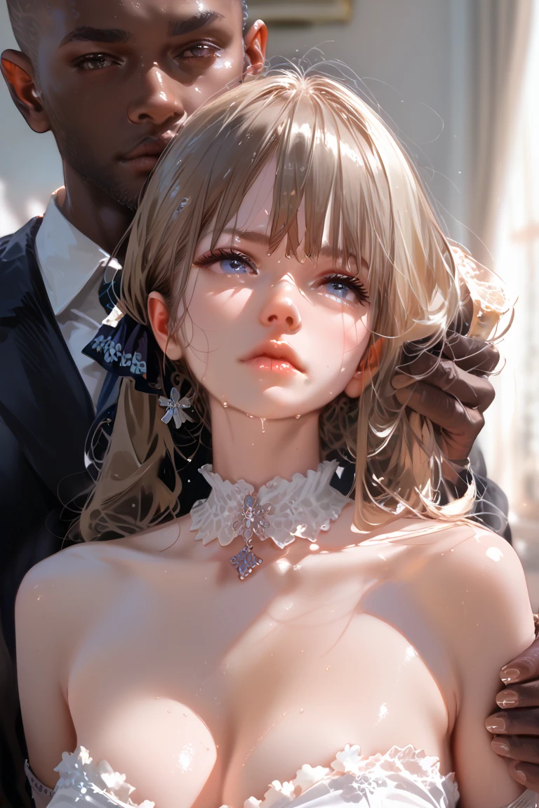 Beautiful blonde girl、fullnude、Surrounded by naked middle-aged men、Lick your dick、Beautiful girl is crying、Middle-aged man rubbing his chest、A large amount of white liquid was squirted on the face and chest of a beautiful girl