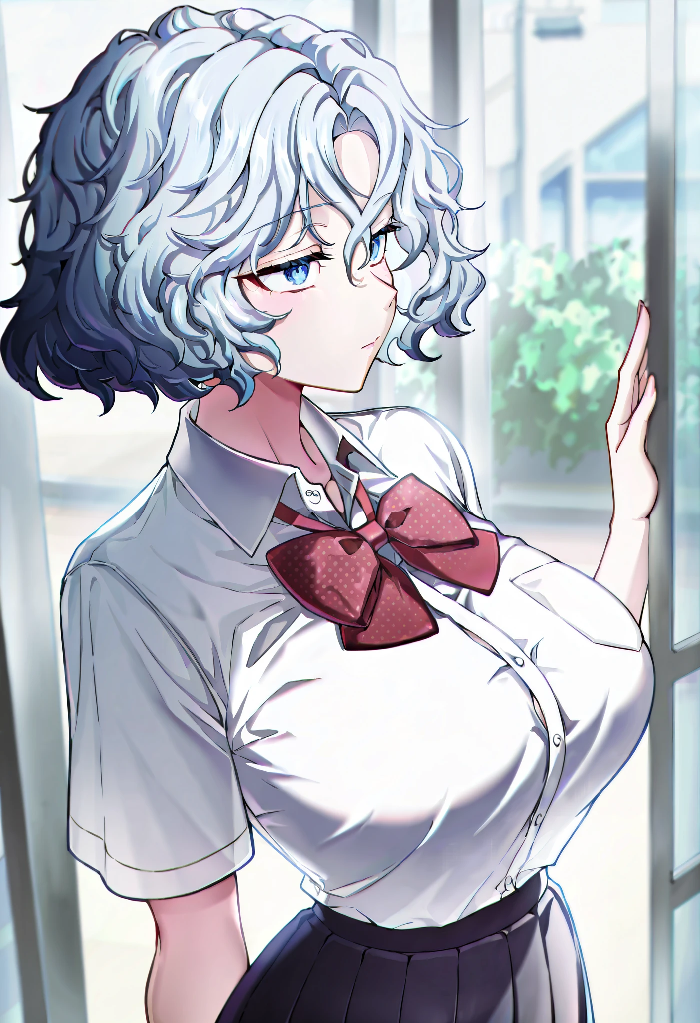 masterpiece, best quality, amazing quality, very aesthetic, absurdres, newest, scenery, 1girl, solo, huge breasts, short hair, blue eyes, hair between eyes, wavy hair, parted bangs, light blue hair, black skirt, bow, bowtie, collared shirt, pleated skirt, polka dot, polka dot bow, red bow, red bowtie, shirt, short sleeves, skirt, white shirt