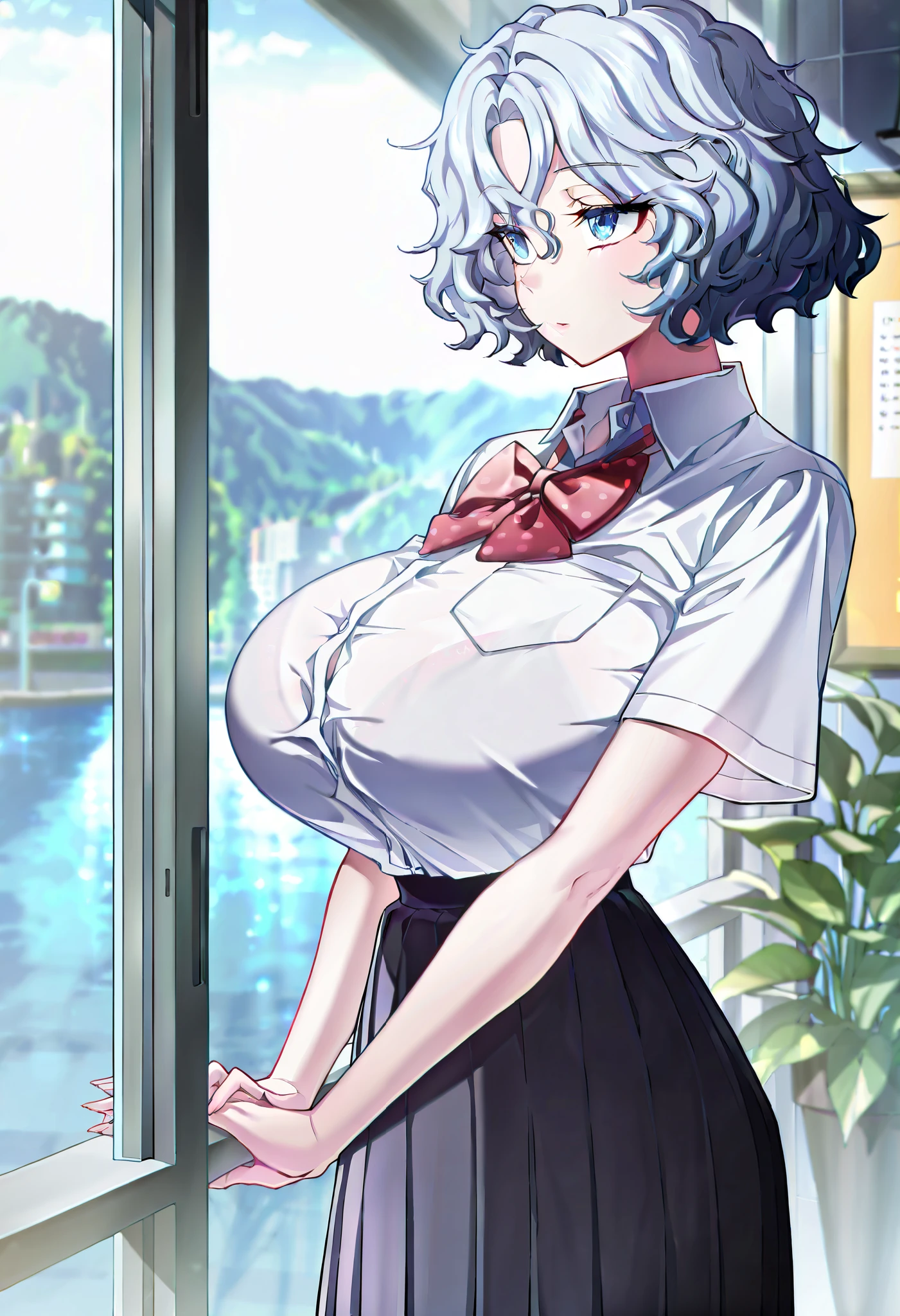 masterpiece, best quality, amazing quality, very aesthetic, absurdres, newest, scenery, 1girl, solo, huge breasts, short hair, blue eyes, hair between eyes, wavy hair, parted bangs, light blue hair, black skirt, bow, bowtie, collared shirt, pleated skirt, polka dot, polka dot bow, red bow, red bowtie, shirt, short sleeves, skirt, white shirt