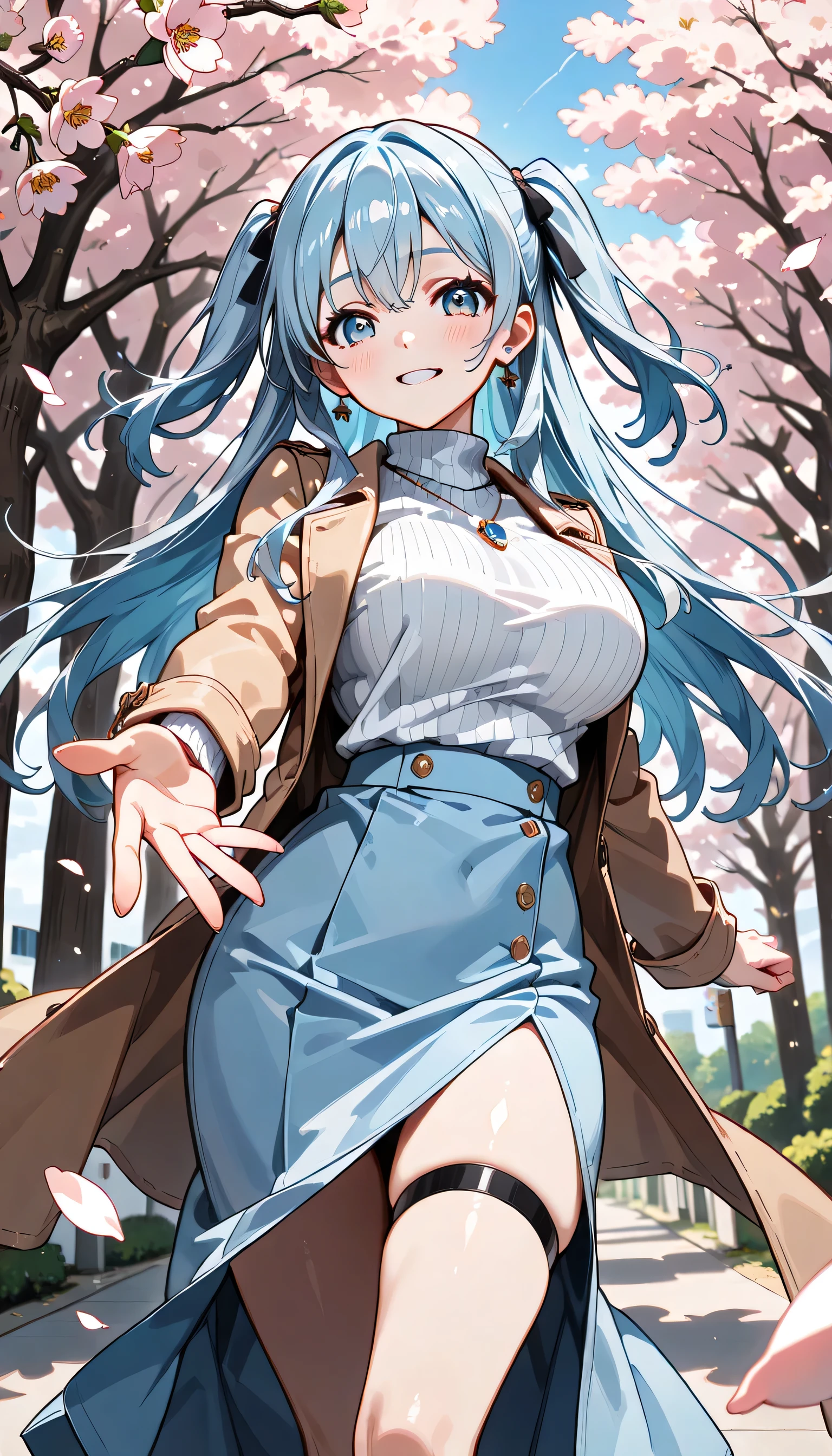 ((ultra-detailed)), (highly detailed CG illustration), (best quality:1.2), ultra-highly detailed, colorful composition, artistic photoshoot, 1girl, solo focus, ((thigh to top:1.4)), ((cowboy shot:1.4)), moe anime character, super popular super idol, girl, dainty facial structure, (bab(round face), ((rounded chin:1.2)), ((ideal ratio body proportions)), celia-default, celia claire, blue eyes, sparkle eyes, ((closed eyes)), ((wearing glasses:1.4)), g-boston19A, glasses, ((silver hair color)), ((two side up)), ((fluttering hair)), ample breast, ((camel coat)), pale white turtleneck sweater, sapphire necklace, light blue high-waist long skirt, ((smile:1.4)), ((happy:1.4)), ((joyful:1.4)), ((walking along the cherry blossom trees:1.4)), ((cherry blossom petals dancing:1.4)), from front, dynamic pose, contrapposto pose, best quality, masterpiece, expecting, pink cheek, blush, light pink gloss slip, portrait, depth of field, poured sunlight, sidelighting, (shine), lighting, caustics, ray tracing, perfect face, lustrous skin, highly detailed face, highly detailed eyes, perfect face, perfect nose, perfect hair, perfect eyes, perfect anatomy, beautiful hair, beautiful small face, extremely detailed face, beautiful detailed eyes, beautiful clavicle, beautiful body, beautiful huge breasts, leavage, breasts squeezed together, equalize the size of the left and right breasts, beautiful thin thighs, beautiful legs, beautiful fingers, 4 fingers, 1 thumb, lovely, (very detailed background:1.0), (highly detailed background:1.0), intricate details, joyful atmosphere, colorful and sparkling colors palette, chromatic aberration