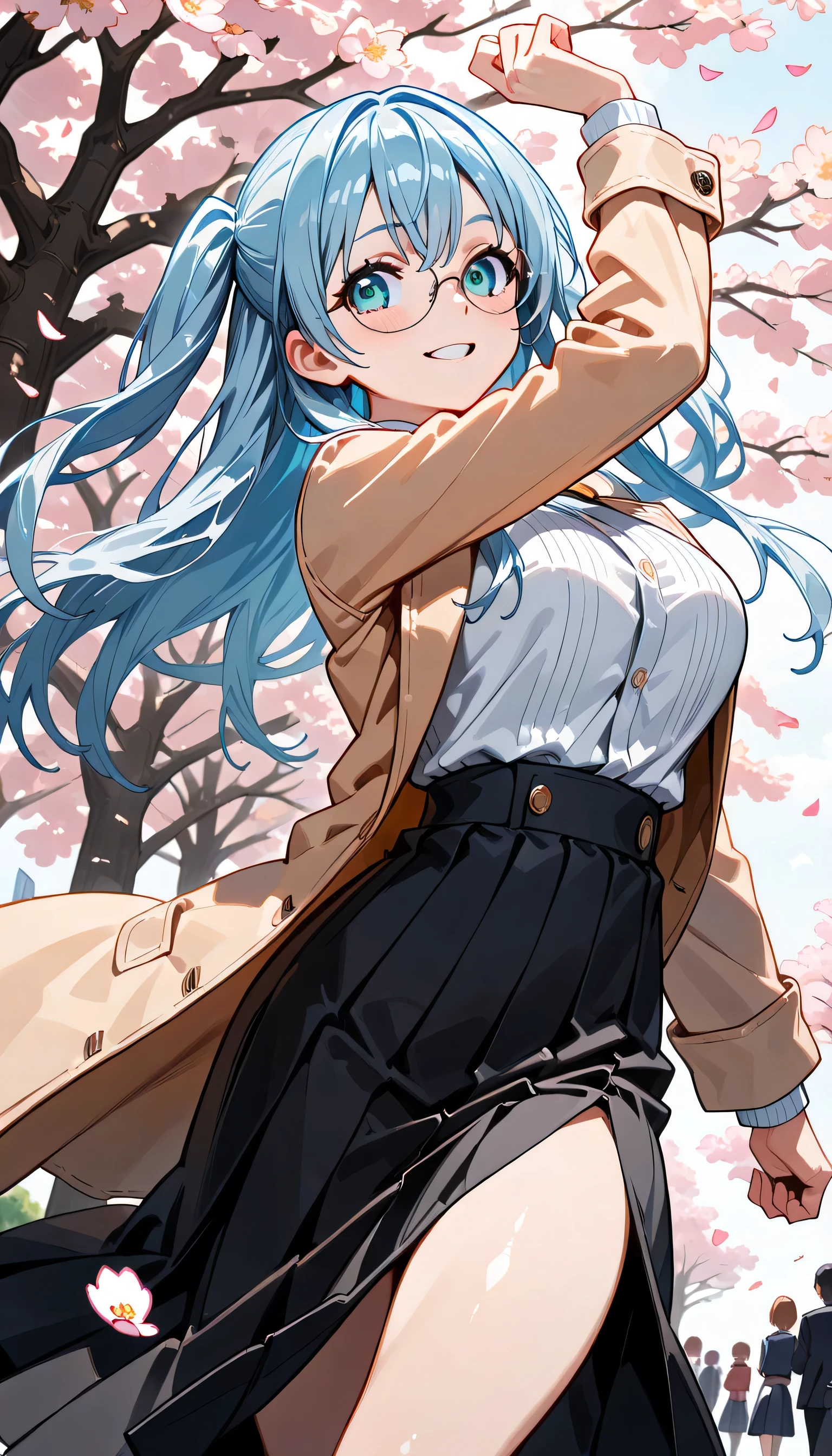 ((ultra-detailed)), (highly detailed CG illustration), (best quality:1.2), ultra-highly detailed, colorful composition, artistic photoshoot, 1girl, solo focus, ((thigh to top:1.4)), ((cowboy shot:1.4)), moe anime character, super popular super idol,  girl, dainty facial structure, (bab(round face), ((rounded chin:1.2)), ((ideal ratio body proportions)), celia-default, celia claire, blue eyes, sparkle eyes, ((closed eyes)), ((wearing glasses:1.4)), g-boston19A, glasses, ((silver hair color)), ((two side up)), ((fluttering hair)), ample breast, ((camel coat)), pale white turtleneck sweater, sapphire necklace, light blue high-waist long skirt, ((smile:1.4)), ((happy:1.4)), ((joyful:1.4)), ((walking along the cherry blossom trees:1.4)), ((cherry blossom petals dancing:1.4)), from front, dynamic pose, contrapposto pose, best quality, masterpiece, expecting, pink cheek, blush, light pink gloss slip, portrait, depth of field, poured sunlight, sidelighting, (shine), lighting, caustics, ray tracing, perfect face, lustrous skin, highly detailed face, highly detailed eyes, perfect face, perfect nose, perfect hair, perfect eyes, perfect anatomy, beautiful hair, beautiful small face, extremely detailed face, beautiful detailed eyes, beautiful clavicle, beautiful body, beautiful huge breasts, leavage, breasts squeezed together, equalize the size of the left and right breasts, beautiful thin thighs,  beautiful legs, beautiful fingers, 4 fingers, 1 thumb, lovely, (very detailed background:1.0), (highly detailed background:1.0), intricate details, joyful  atmosphere, colorful and sparkling colors palette, chromatic aberration