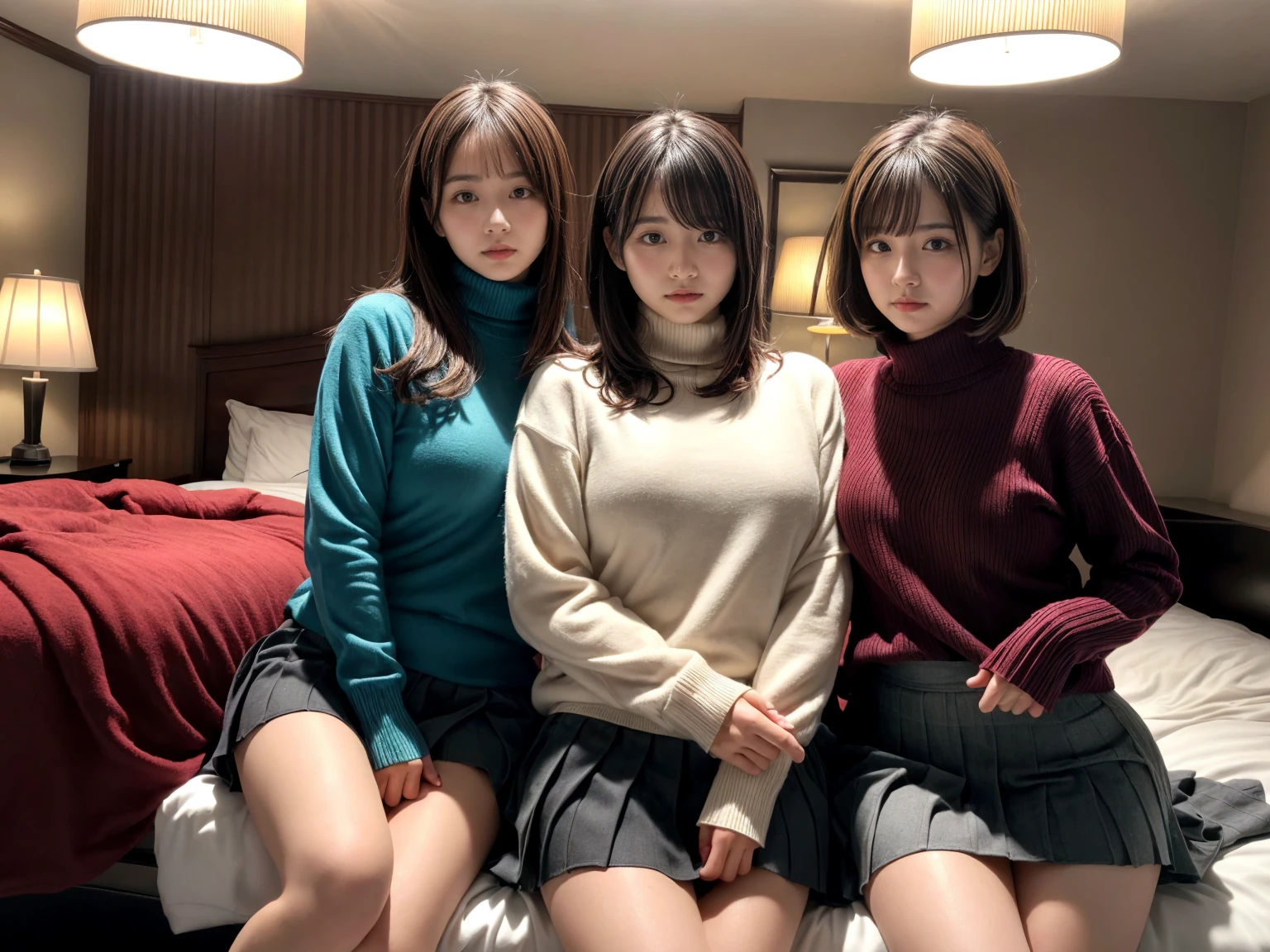 masterpiece, best quality, illustration, Super detailed, fine details, High resolution, 8K,wall paper, perfect dynamic composition,(Details High quality, realistic depiction of eyes:1.3), (3 girls), (collared shirt:1.1), pleated skirt, knee high socks, sitting, open legs, short bob hair, in a hotel room in the background, deep on field, large breasts, black hair color, Big Natural Color Lip, (perfect body shape), crying a little、Harajuku style、20 year old girl、cute type、beautiful legs, Gravure Idol