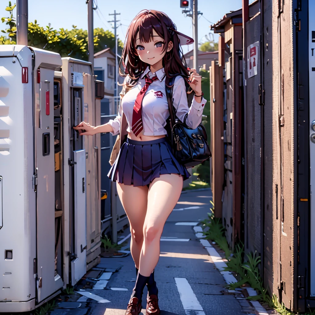 (((masterpiece, Highest quality, High resolution, 超High resolution, Perfect Pixel, Depth of written boundary, 4K, RTTX 10.0))), Beautiful Anime Woman, Beautiful art style, Anime characters, ((Smooth texture, Realistic texture, Anime CG Style)), Exact finger count、Exact number of legs、(Exact number of arms:1.0, Exact number of hands:1.0), (Perfect hands, Perfect Anatomy), Cinematic, Realistic, Extremely detailed CG, Daytime lighting, Perfect lighting, Best Shadow, The best natural light, whole body, Perfect body, Slender body, ((bangs, Dark reddish brown hair, fashionable and cute hairstyle), Long Hair), (Detailed face, Cute Face), (An adult woman is walking while lifting her skirt with her hands.:1.7), (Stylish blazer, Bow tie on collar, Checkered pleated mini skirt, Navy blue knee socks, loafers:1.3)、Angle from the front, ((Sexy white panties:1.3), (Glossy satin panties, Side-tie white panties, Lace panties:1.3), (White panties with red ribbon:1.3)), (Beautiful big boobs:0.95), (Beautiful and thin thighs:1.3), Feeling embarrassed, (blush:1.2), (Very embarrassed look:1.5), (City hustle and bustle, Buildings on the background, Sidewalk, Intersection in the background, Akihabara-like streetscape, Many people dressed in clothes in the background々:1.4)