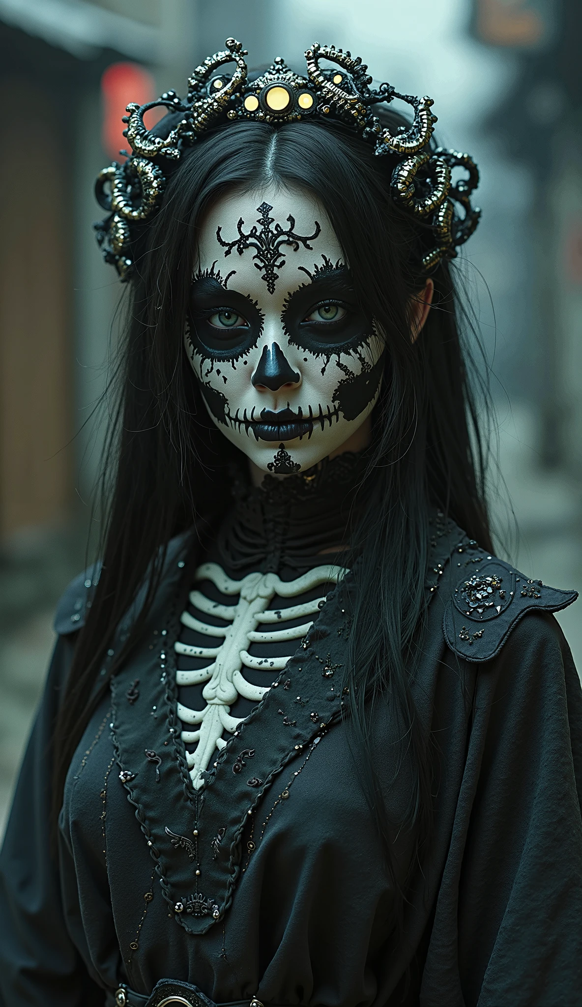 arafed woman with a skeleton make up and a black bodysuit, skeleton girl, in style of tim burton, alluring and terrifying, in style of anne stokes, beautiful necromancer girl, scary look, corpse bride style, jack skellington, gothic maiden, gothic girl, gothic horror vibes, gothic art style, gothic makeup, gothic clothing