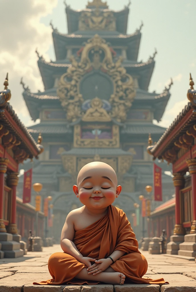A 5-year-old monk,bald-headed,ember,Round head,Chubby, Smooth and fair face,With big charming eyes,二重まぶた,Thick eyebrows,High nose,Beautiful lips with a smile,身grey袈裟,Fold your hands with Buddha beads together,frontage,Sit cross-legged in front of the temple,k hd,Normal hands background temple