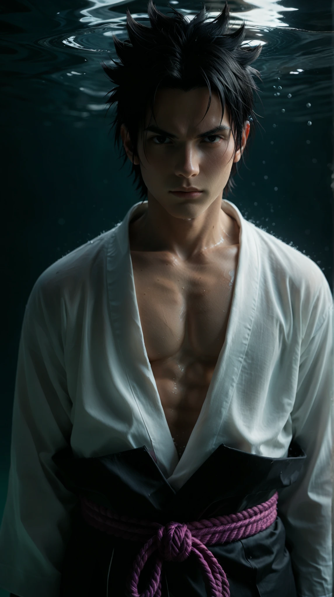 (Photorealistic: 1.2, Best Quality, 8K, Wet: 1.3), (Man, 20 years old, Soji Okita, Yukata, Katana, muscles, sweat, wet), Actor, Fine Skin, (Film Lighting), Tan, Soft Light, Double Eyelids, (Seductive), (((excited))