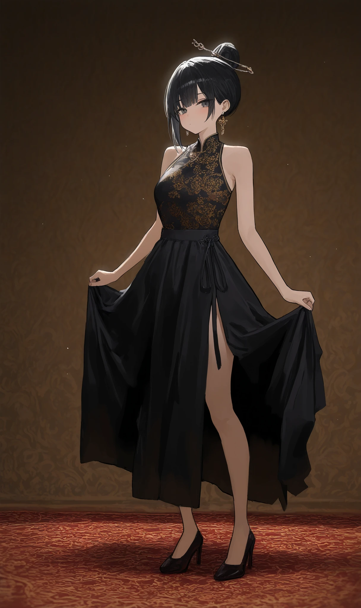 masterpiece,best quality,
1girl,solo,simple background,full body,standing,looking at viewer,
moyou,high heels,
tutututu,dress,black dress,
<lora:tutuxem_0002:0.75>