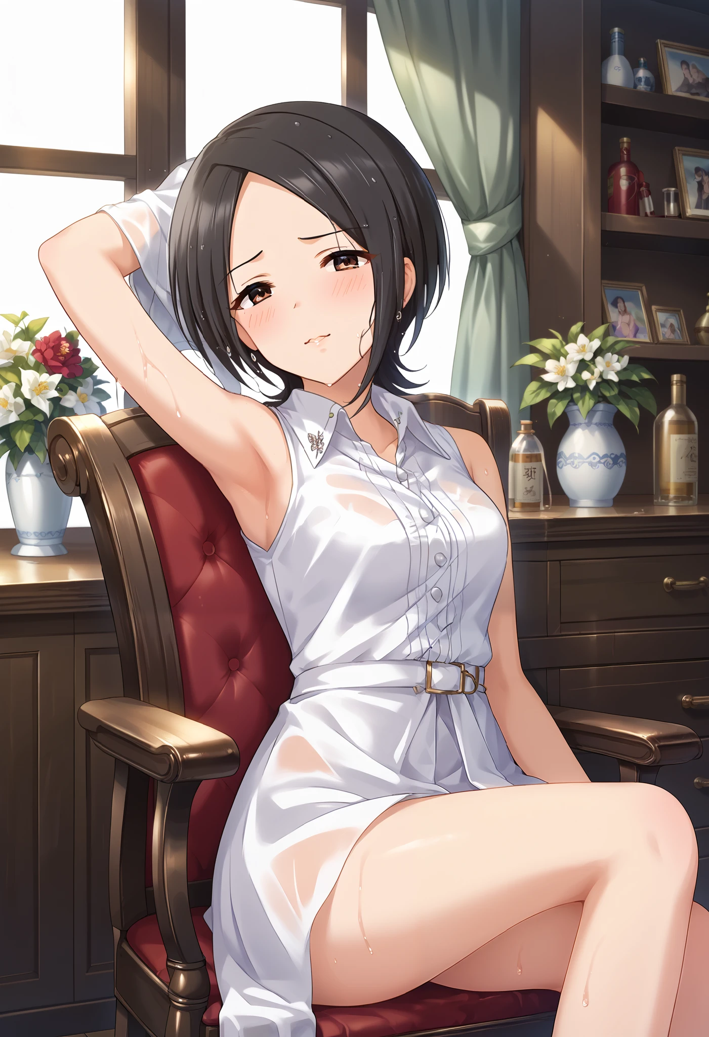 Tougou Ai、 white sleeveless shirt in the style of Watanabe Akio、black miniskirt、arm up pose、chair、 is embarrassing、rain、 wet body 、 Ulchan-6500-v1.1, ( RAW photos :1.2),  beautiful detailed , very detailed目、Brown Eyes 、 The file size is large, Hi-Res, very detailed, Highest quality, [masterpiece:1.6], Awareness-raising, very detailed, CG, finely, Highest quality, 8K wallpaper,  Perfect Body 、躍動感、very detailed、short hair、 black hair、Slim and beautiful thighs