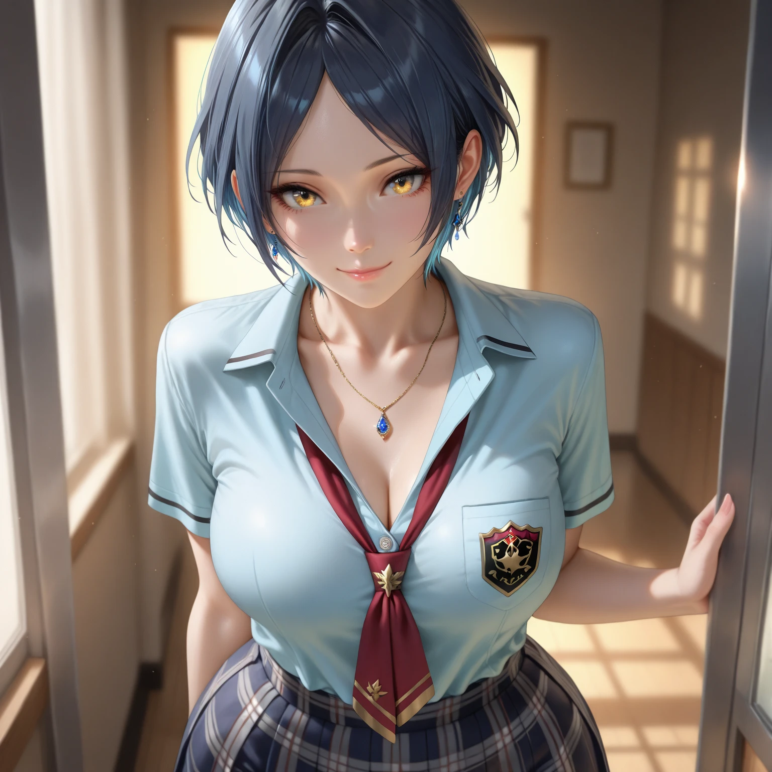 1 woman, 17 years old, (short haircut, brown hair), scared face expression, plump body, blue eyes, Indonesian high-school uniform, (wearing transparent white shirt, showing bra), osis logo on shirt pocket, huge XL breasts, light-grey pleated skirt, sitting on a chair, seductive pose, full body shot, smiling, in the classroom.