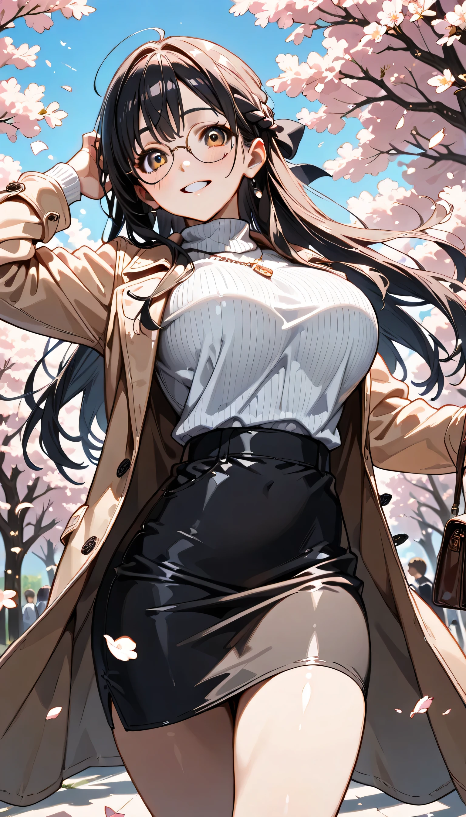 ((ultra-detailed)), (highly detailed CG illustration), (best quality:1.2), ultra-highly detailed, colorful composition, artistic photoshoot, 1girl, solo focus, ((thigh to top:1.4)), ((cowboy shot:1.4)), moe anime character, super popular super idol, girl, dainty facial structure, (bab(round face), ((rounded chin:1.2)), ((ideal ratio body proportions)), celia-default, celia claire, blue eyes, sparkle eyes, ((closed eyes)), ((wearing glasses:1.4)), g-boston19A, glasses, ((black hair color)), ((long hair)), ((half updo)), ((hair ribbon with red)), ((fluttering hair)), ample breast, ((camel coat)), pale white turtleneck sweater, sapphire necklace, light blue high-waist long skirt, ((smile:1.4)), ((happy:1.4)), ((joyful:1.4)), ((walking along the cherry blossom trees:1.4)), ((cherry blossom petals dancing:1.4)), from front, dynamic pose, contrapposto pose, best quality, masterpiece, expecting, pink cheek, blush, light pink gloss slip, portrait, depth of field, poured sunlight, sidelighting, (shine), lighting, caustics, ray tracing, perfect face, lustrous skin, highly detailed face, highly detailed eyes, perfect face, perfect nose, perfect hair, perfect eyes, perfect anatomy, beautiful hair, beautiful small face, extremely detailed face, beautiful detailed eyes, beautiful clavicle, beautiful body, beautiful huge breasts, leavage, breasts squeezed together, equalize the size of the left and right breasts, beautiful thin thighs, beautiful legs, beautiful fingers, 4 fingers, 1 thumb, lovely, (very detailed background:1.0), (highly detailed background:1.0), intricate details, joyful atmosphere, colorful and sparkling colors palette, chromatic aberration