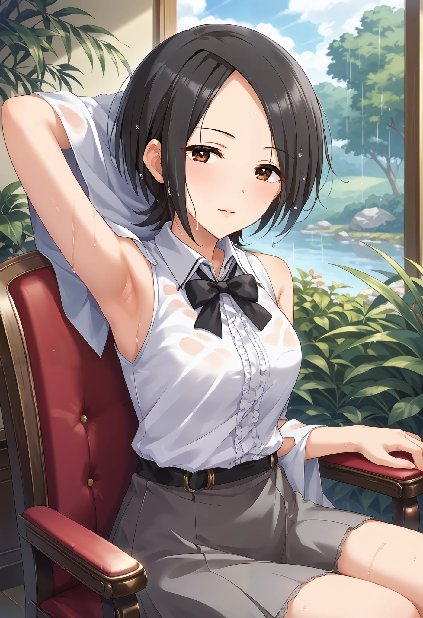 Tougou Ai、 white sleeveless shirt in the style of Watanabe Akio、black miniskirt、arm up pose、chair、 is embarrassing、rain、 wet body 、 Ulchan-6500-v1.1, ( RAW photos :1.2),  beautiful detailed , very detailed目、Brown Eyes 、 The file size is large, Hi-Res, very detailed, Highest quality, [masterpiece:1.6], Awareness-raising, very detailed, CG, finely, Highest quality, 8K wallpaper,  Perfect Body 、躍動感、very detailed、short hair、 black hair、Slim and beautiful thighs