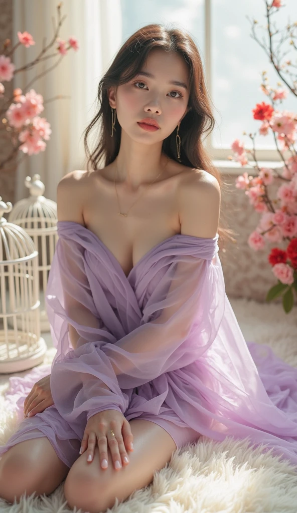 (bright lighting,romantic setting,very detailed face),bride captured, dreamy background,,soft skin,dark hair, mesmerizing gaze, , soft skin, alluring beauty, artistic portrait, high-quality image, vibrant colors, translucent long silk gown, bridal, smile, long veil, very detailed face