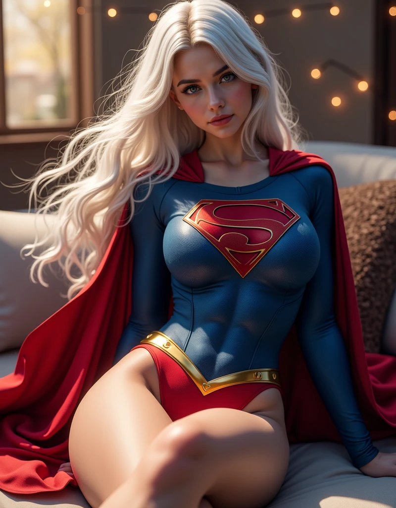 (realistic lighting, best quality, 8k, master part: 1.3)), Clear focus: 1.2, 1 fita, German, Beleza Corporal Perfeita: 1.4, ((cabelo platinado;, olhos azuis, seios grandes: 1.4)), (Wear a see-through black top and lace swim trunks: 1.4), (Final da tarde, piso: 1.1), ruas da cidade, Face Ultra Fina, Olhos Finos, double eyelids,Expose your feet,meias brancas,White Supergirl cosplay wearing superman's S symbol on chest.