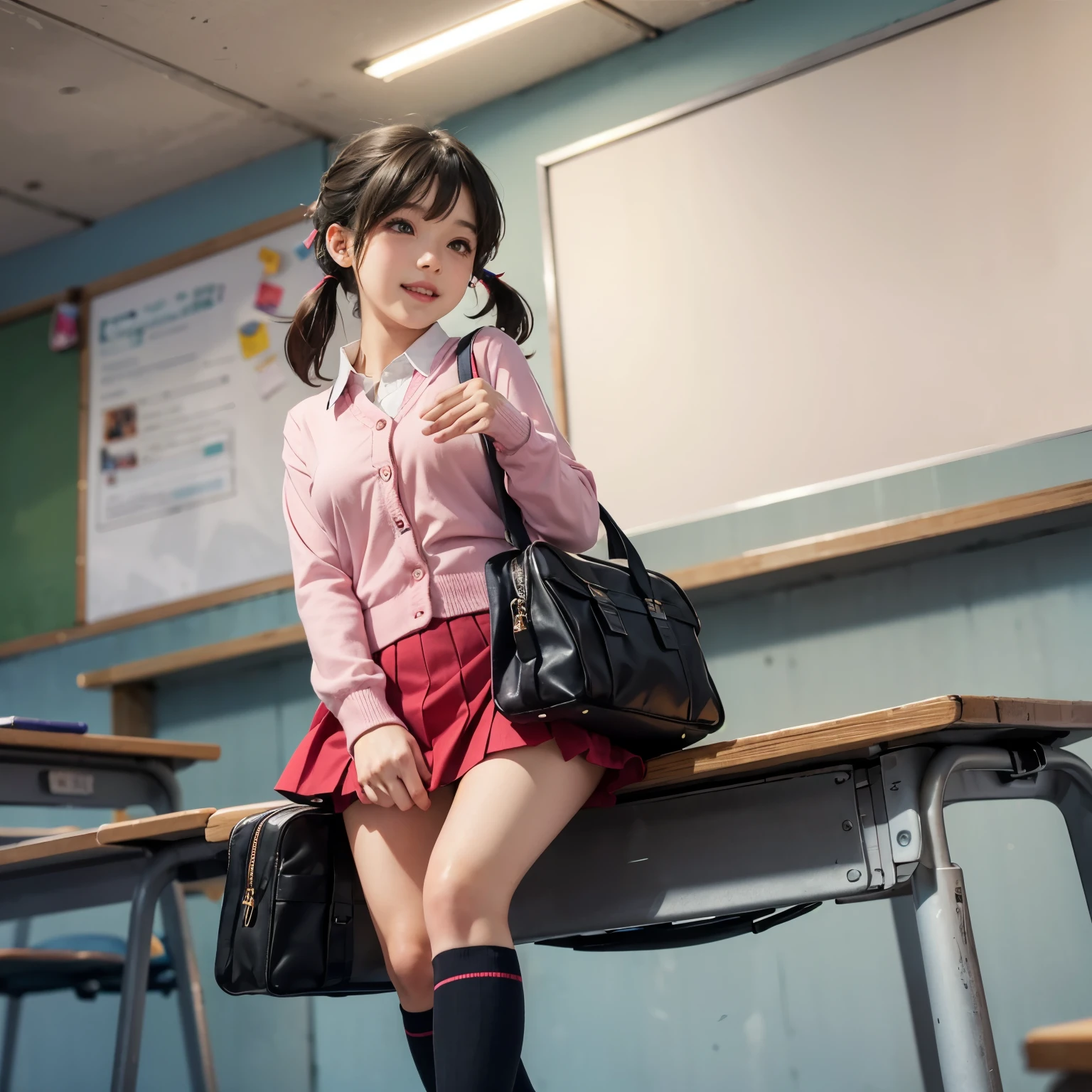 ((masterpiece)), ((best quality)),solo,anime,,medium hair,bangs,hair between eyes,(short low twintails),undercut,(black hair),(cute anime face),light smile,bright pupils, small_breasts,black eyes,(red cardigan),(pink cutter shirt),(pink pleated_skirt),(white socks),long sleeves.(red school bag),(classroom),standing,(from below),thigh gap,