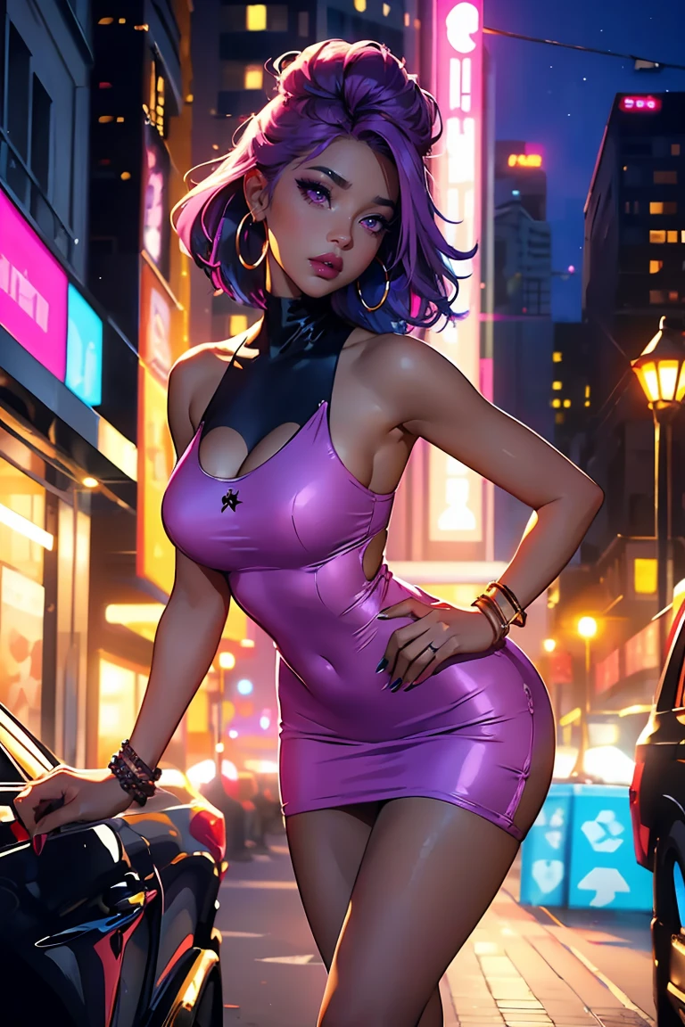 A woman with neon purple hair, wearing a sparkly dress and big headphones, dancing on an urban street at night with neon signs around, Modern flair, 8k.