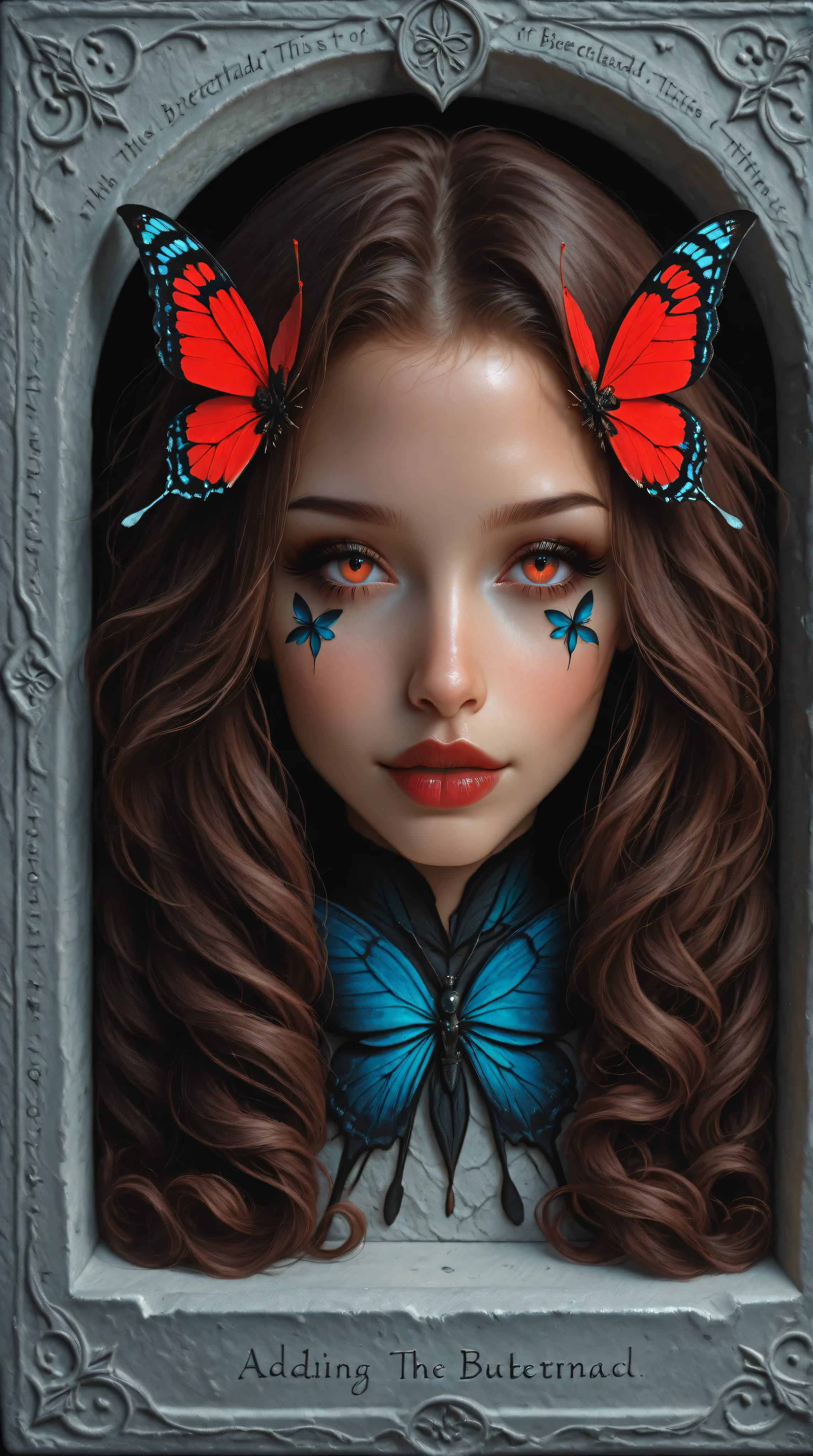 Beautiful negroide african american woman wth a light tan and long curly brown hair, covered with colored tribal tattoos, red butterflies, ultra realistic, ultra detailed. The decayed material enveloping her contrasts sharply with the vibrant colors of the birds and butterflies that surround her. A white stone tablet bears the words "Happy Birthday!" in a classic, clear readable font-style. Each detail of the decayed material tells a story of time and nature's reclaiming, adding depth to the ultra realistic portrayal. The juxtaposition of beauty and decay creates a hauntingly captivating image, inviting viewers to explore the relationship between life, death, and rebirth in this intricate composition. The striking red hair of the woman further enhances the contrast, drawing the eye to the delicate balance between the vivid life of the butterflies and the somber elegance of the decayed material. This composition not only captivates but also evokes a sense of contemplation about the cycles of existence.