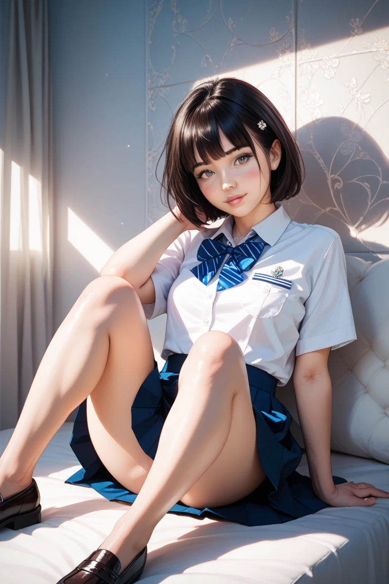 Sheer school uniform, sensual posture, legs spread, rolling eyes. Blushing, legs open, beautiful, beautiful face. Short hair, looking at the audience, blushing, sticking out the tongue. Sexy idol gorgeous face, female model, 21 years old, ((((Big)))), cute, bed, misaligned panties, very big breasts