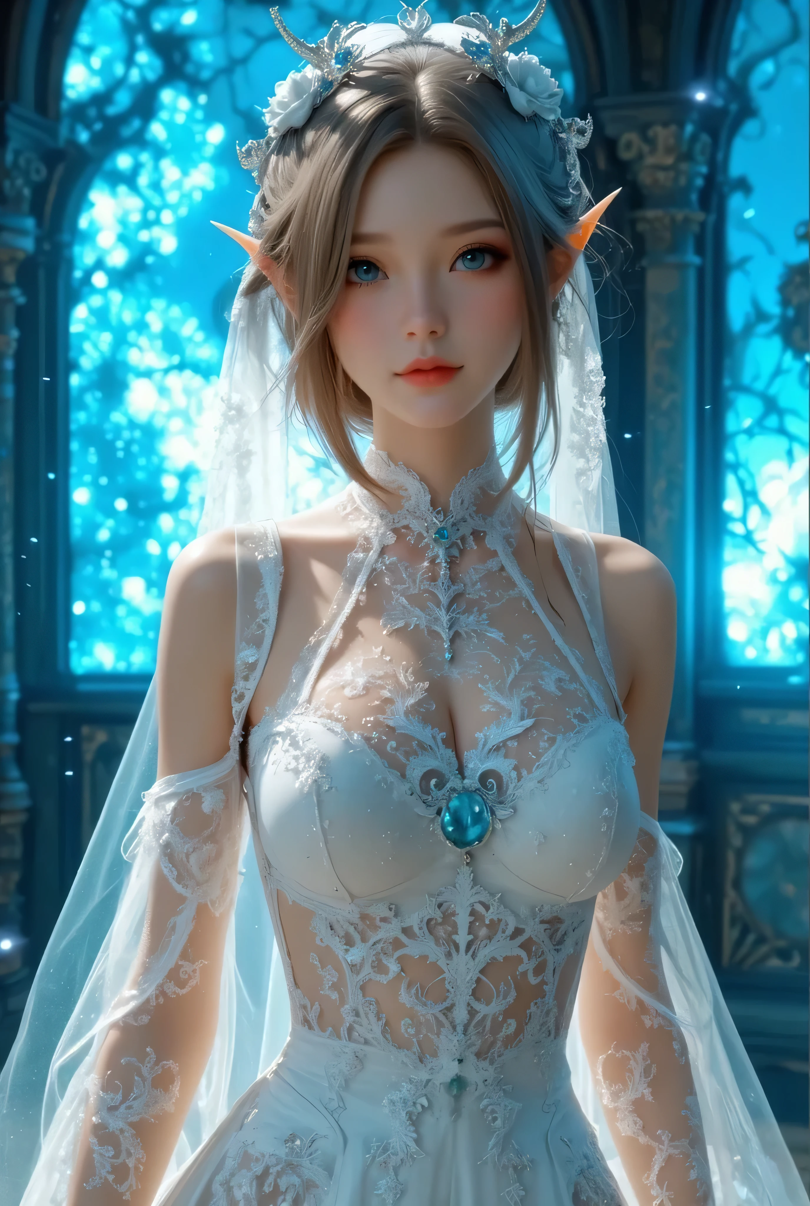 best quality , Super quality, 16k, Unbelievably Absurd, very detailed, lovely photo, delicate and dynamic, Kiri Reina female, seductive smile, pure white wedding dress , great style , bouquet, steampunk, DIESEL PUNK , clock punk , cyberpunk, Glitter effect, shining jewelry, blue magic lights at dress,