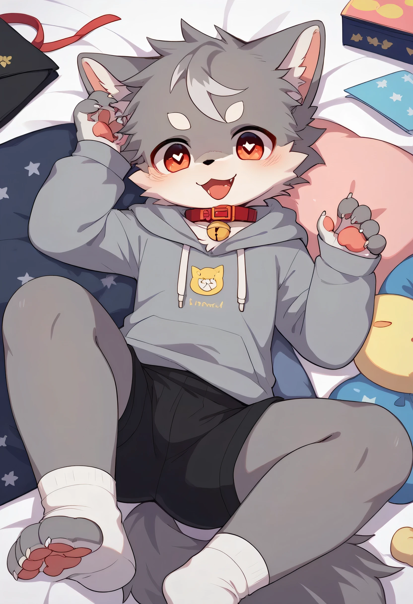 very detailedな, very detailed, grey fur,,gray hair,male, master sticking out his tongue , grey fur, wolf fur,excited,Participation, cute face , Show me your legs ,,Horny maleの子, red collar on the floor,Cute ears ,Fluffy ears ,Fluffy ears , Show me your legs , Show me a cat's hand , 手に red collar on the floorと紐を持っている, cute fur maleの子 , maleの子, heart eye ,Horny maleの子 , Black Back , white background, blush nose , alone, droopy ears,gray hoodie black shorts