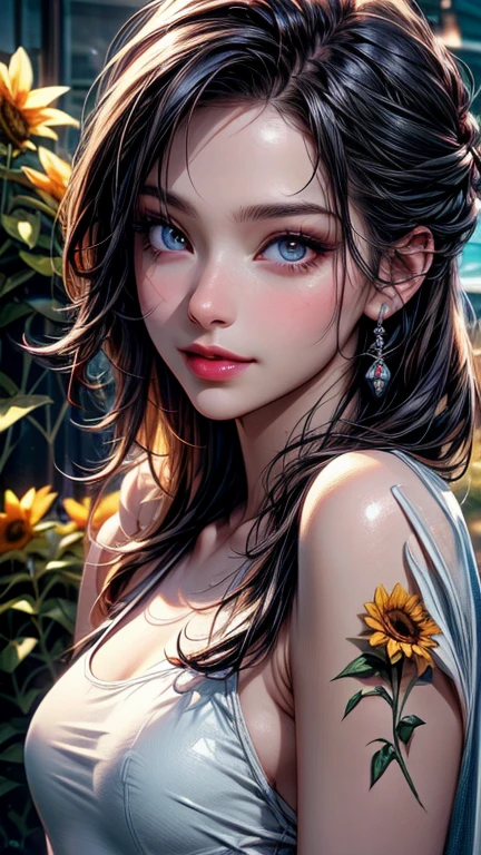 award winning digital art, half body portrait of a beautiful woman in a silk Tang dress, navy blue teal hairstyle, head in motion and long hair flying, big smile, sparkling eyes, in a flower field, golden sunset, particles dust, glitter, paint splashes, splatter, outrun, shaded flat illustration, digital art, trending on artstation, highly detailed, fine detail, intricate
