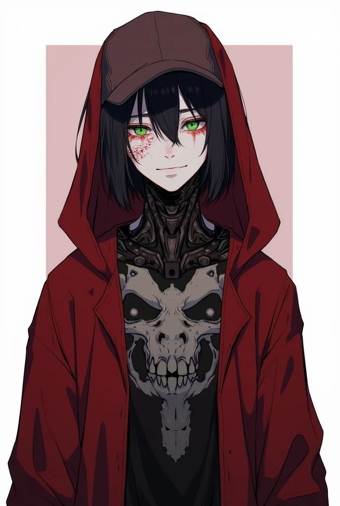 Black skull with hood covering its head red eyes giving like
