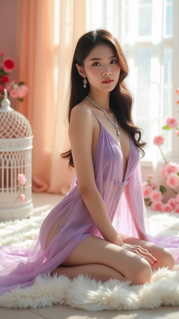 early evening,Gorgeous violet floral tulle skirt,Supermodel figure,,,8K,beautiful make up,hyper HD,Cinematic quality,Best quality at best,Highly detailed facial details,Beautiful and sexy Chinese supermodel,,are standing,Bigger chin,Longer chin, sexually attractive,Go straight,Blooming Natioles flower,,Violet Garden,Big garden,Blooming violet flower with many fireflies,,Vibrant smile,Luxury Earrings Gorgeous Necklace,Bigchest,profesional lighting,Tall figure,Slightly toned body,,with whole body visible,Colorful body painting,body violet,silvery white hair,,,flowing wavy hairstyle,mid - length hair,happy laugh