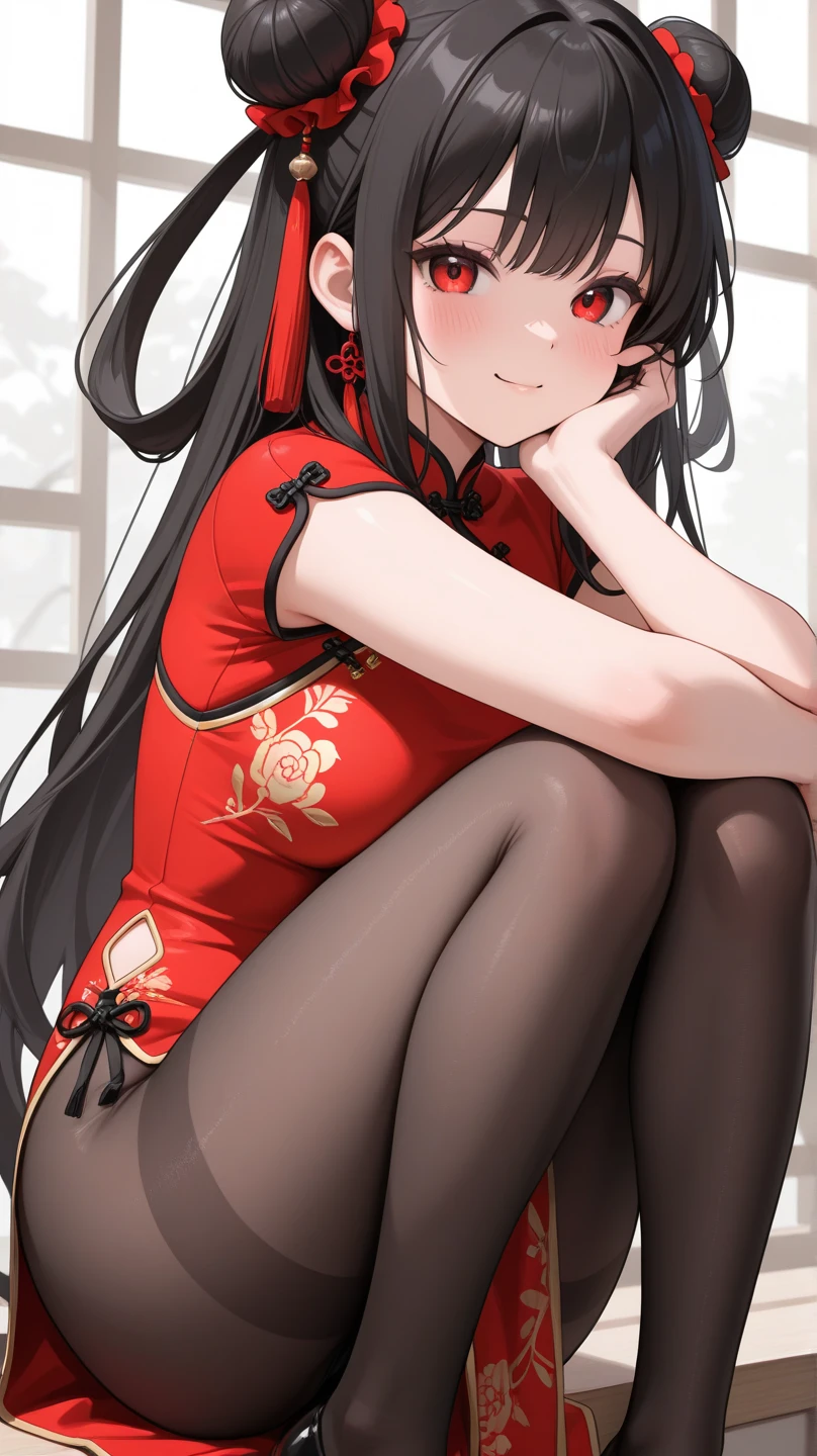 (Tohsaka Rin1.5),best quality ,masterpiece,solo,1girl,black hair,blue eyes,a dress with long sleeves,pantyhose,lift up the dress,panties under the pantyhose,looking down,legs focus,evil smile,blush,open mouth,sweating,small lady serenity,big breasts,despise,steam,feet,sitting