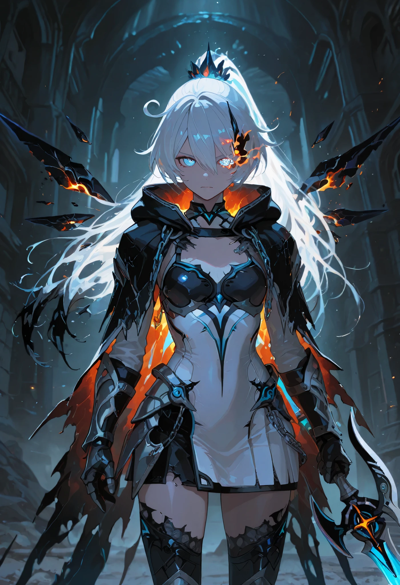 (close up shot, upper body shot:1.2), 748cmstyle, SuperQuality, Anime illustration, detailed anime artstyle, cinematic background, extremely detailed background, backlighting, backlit, cold light, colorful, light reflection, solo, 1girl, asymmetrical armor, detailed skin, extremely detailed eyes, dynamic pose, Kiana, pure shining white hair, [long hair, high ponytail|(black flames, burning hair:1.2):0.4], kiana kaslana, flat chest blue eyes, bright eyes, glowing eyes, ringed eyes, HoF_Def, damaged dress, white dress with black trim, shining trim, cosmic trim, white cybernetic breastplate, clothing cutout, broken armor, cracked armor, battle dress, (broken clothes, clothes break:1.1), [shredded cape, broken cape|burning wings], [blue liquid flames, wielding a greatsword|(swordstaff, glaive, black flames, black napalm:1.2):0.5], sports bra, cloak, d4rkr34p3r, armor:pauldrons, hood, choker, gauntlets, chain:thighhighs, half-skirt, high heel boots, closed mouth, burning eye, flame eye, serious expression