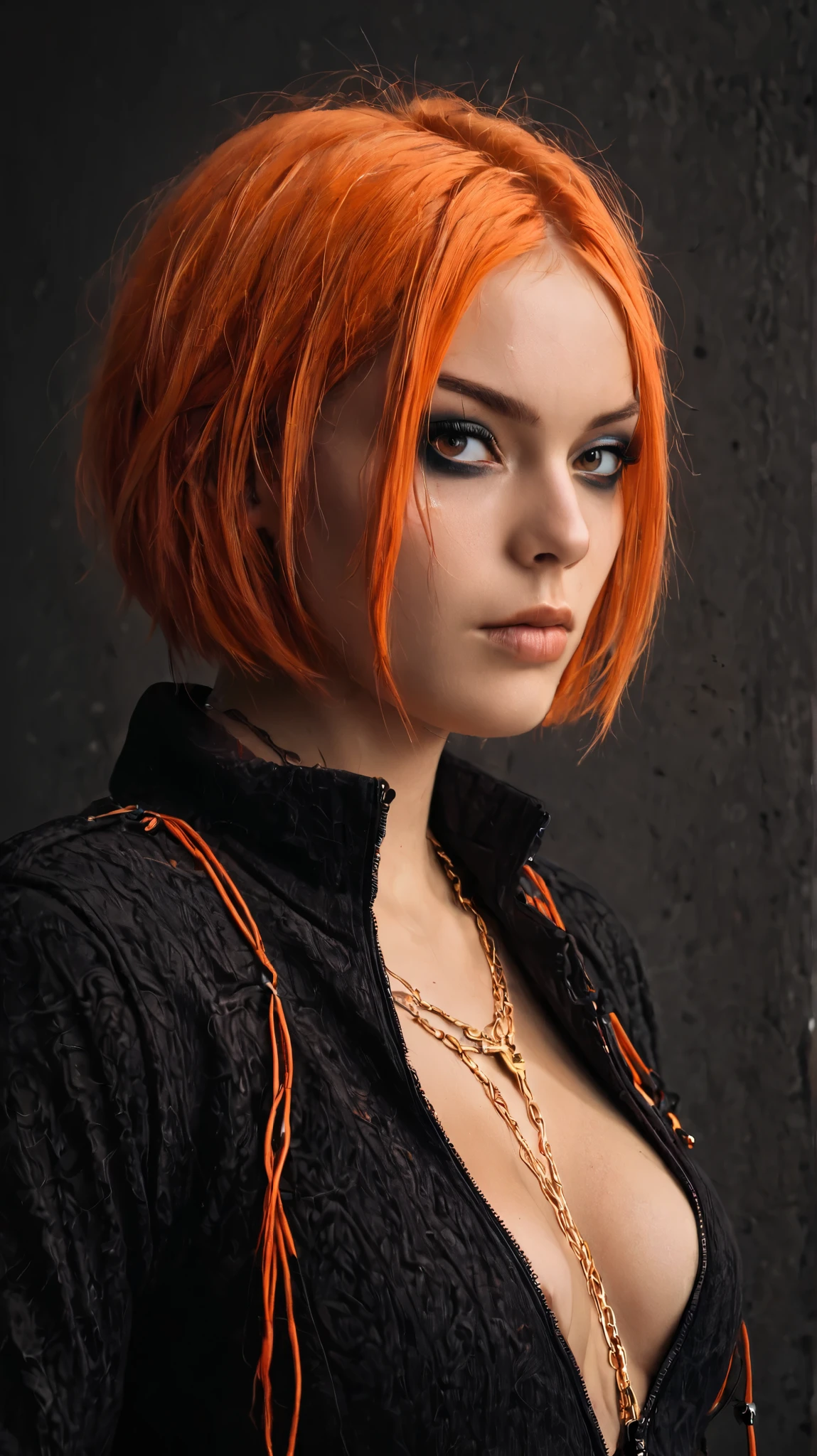 The image shows an anime-style character with realistic features .
character: An evil woman with short, red-orange colored hair , with a shaved cut on the sides .
Heavy black eye makeup , Serious and closed expression
Clothing : Wear a black sleeveless blouse with details such as cuts at chest height and zippers on the sides. There are chains and a necklace with a gold pendant that complement the look .
art style: Clean lines, subtle shading, soft colors and a palette of warm tones for the skin . Neutral and minimalist background , with a light beige shade .
atmosphere: The look refers to a modern style , alternative and cool , conveying a sense of independence and attitude .