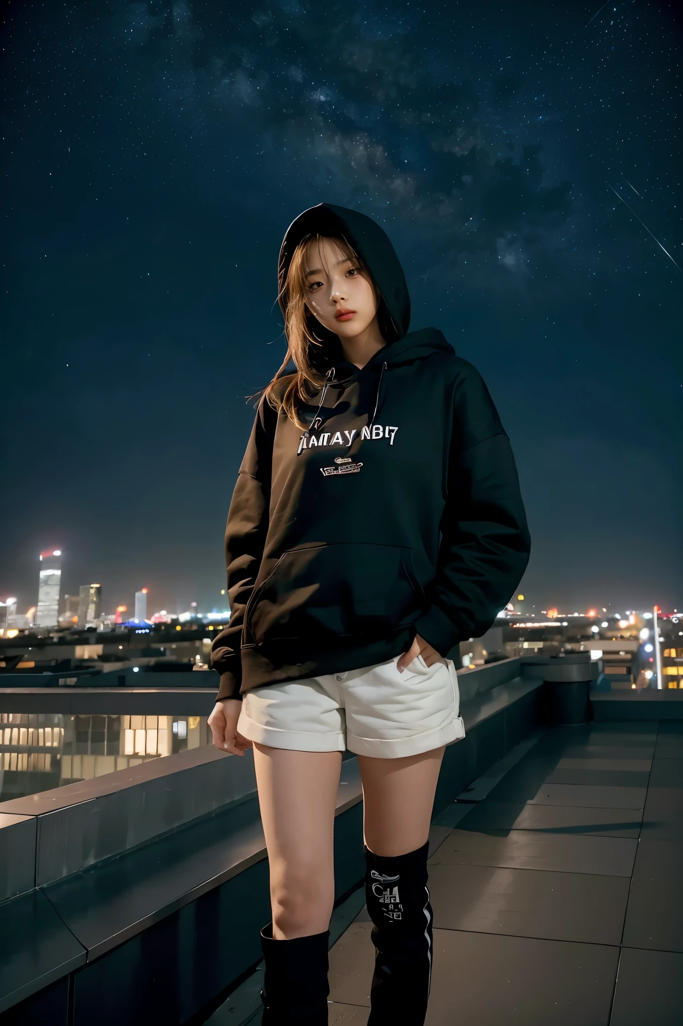 1girl,highres, high quality, masterpiece,black hoodie, white short, rooftop with city light in the background, starry night,