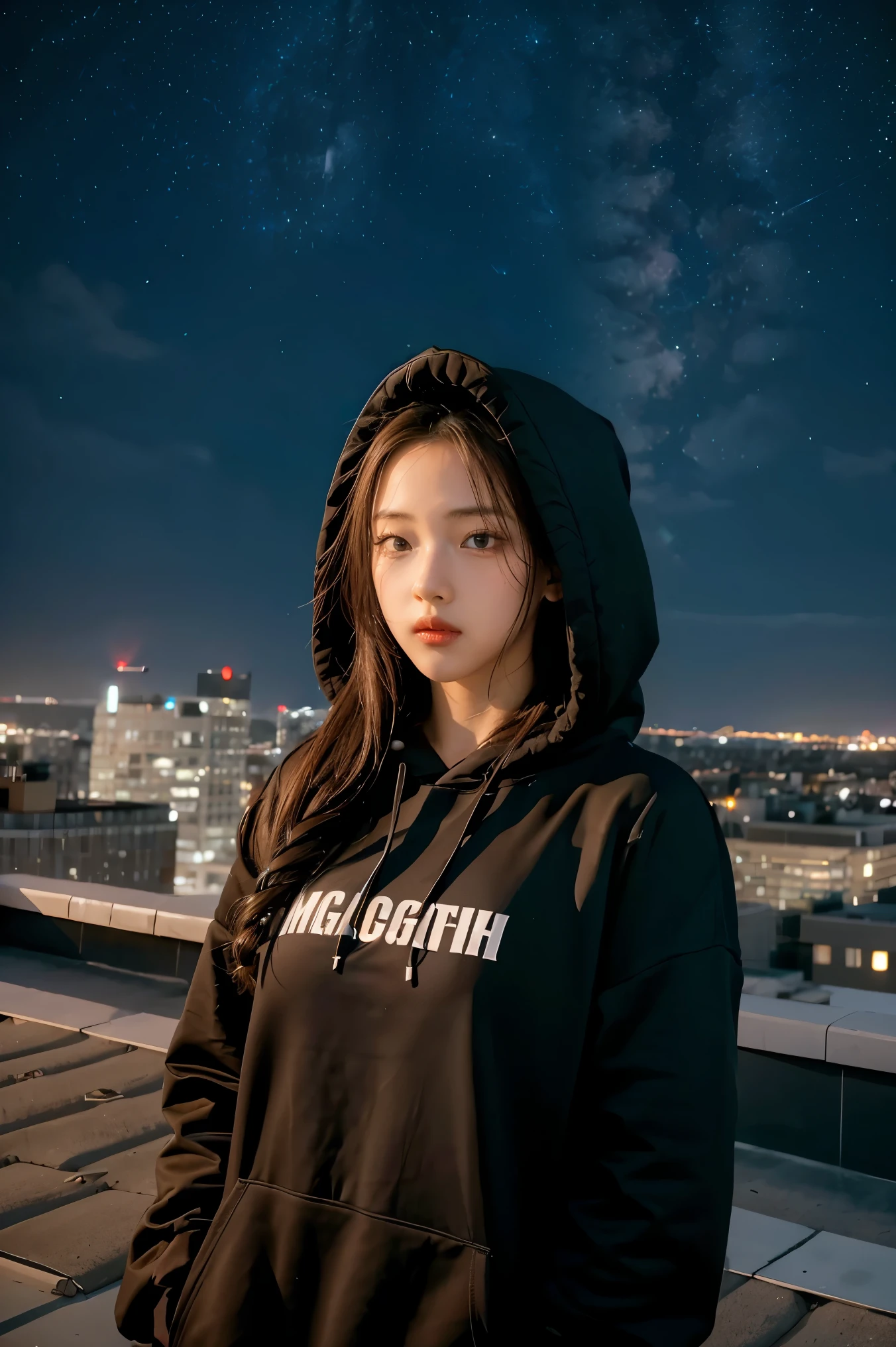 1girl,highres, high quality, masterpiece,black hoodie, white short, rooftop with city light in the background, starry night,