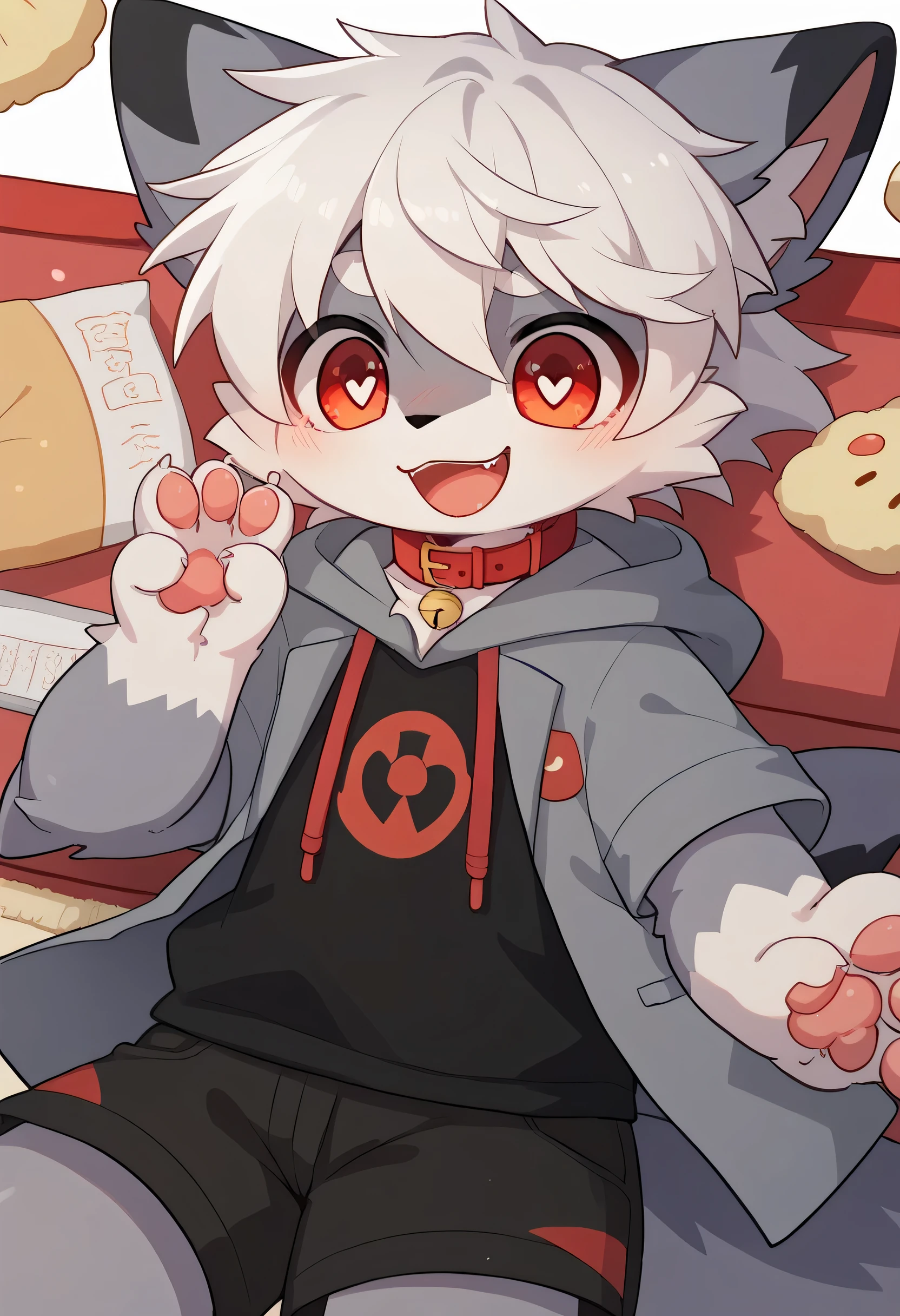 very detailed bustな, very detailed bust, white hair with gray coat ,,female, excited to see bones , wolf fur, excited,Participation, cute face , something furry ,Horny girl, red collar on the floor,Cute ears ,Fluffy ears ,Fluffy ears , Show me your legs , Show me a cat's hand , red collar on the floorと紐を持っている, Shark Tail ,black ears , red collar on the floorと紐を持っている, cute fur,male, heart eye ,Horny girl, Black Back ,white background, blush nose ,alone, droopy ears, black shorts ,Green short sleeve hoodie