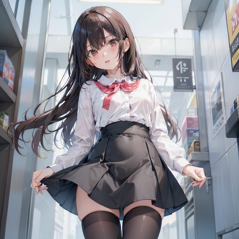(masutepiece:1.2), (Best Quality:1.2), (Extremely detailed:1.2),((maturefemale、white panties)) Cowboy Shot, 1girl in,Medium Hair ,Light wavy black hair, Brown-eyed、 high-school uniform, Black skirt, knee high stockings, Smirk, Standing, black thong, skirt rift, Lift skirt, shushing, school hallway、