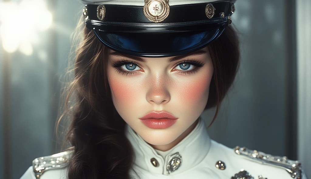 fair ((simile)) Wrightville posing in (dynamic poses) As a World War II Dieselpunk Officer, black leather,cleavage,Wearing a leather military cap, Reference photos, best quality, high quality, (Detailed face and eyes), Dusk lighting,, Heavy makeup, industrial, outdoor snow forest background ((close up))